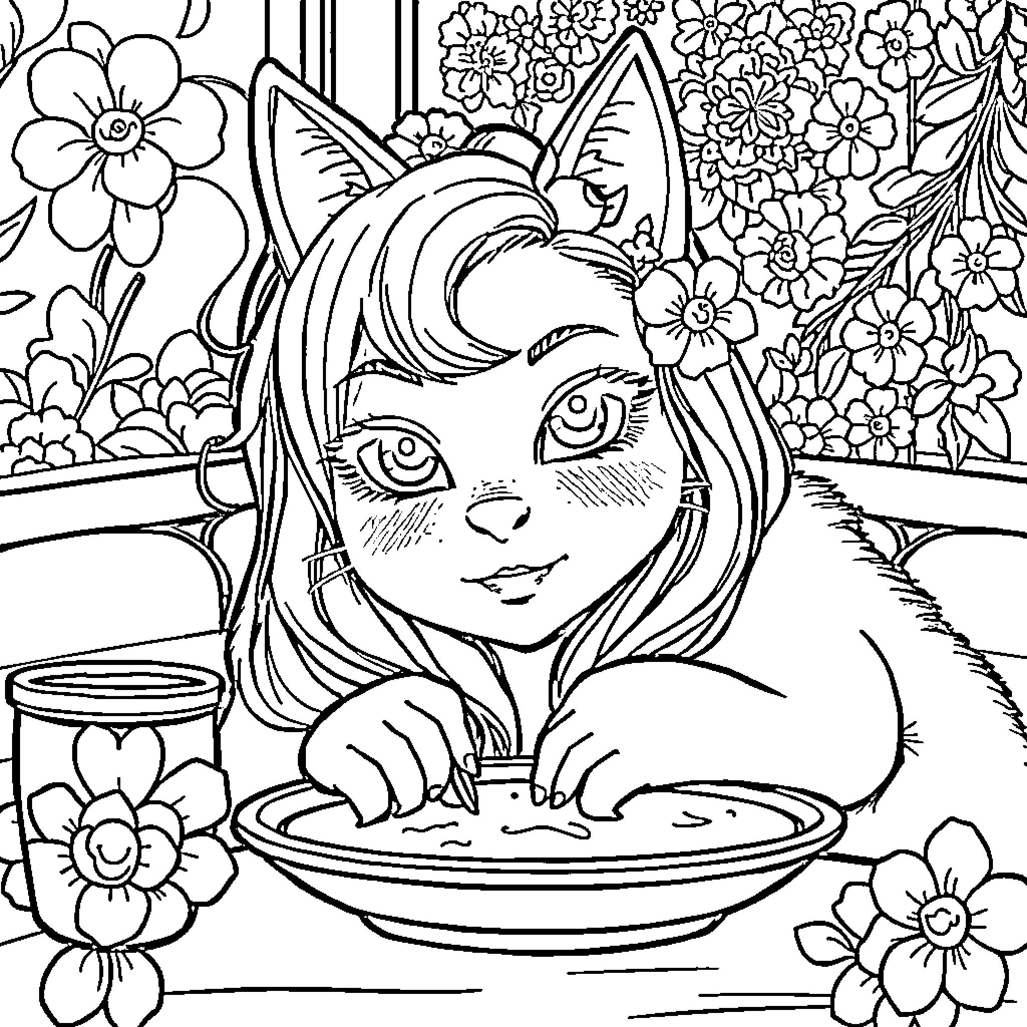 Couple enjoys floral scenery while sharing a meal Coloring Page (free black-and-white line drawing printable PDF for all, from beginners to advanced learners, including children, teens, adults, and seniors)