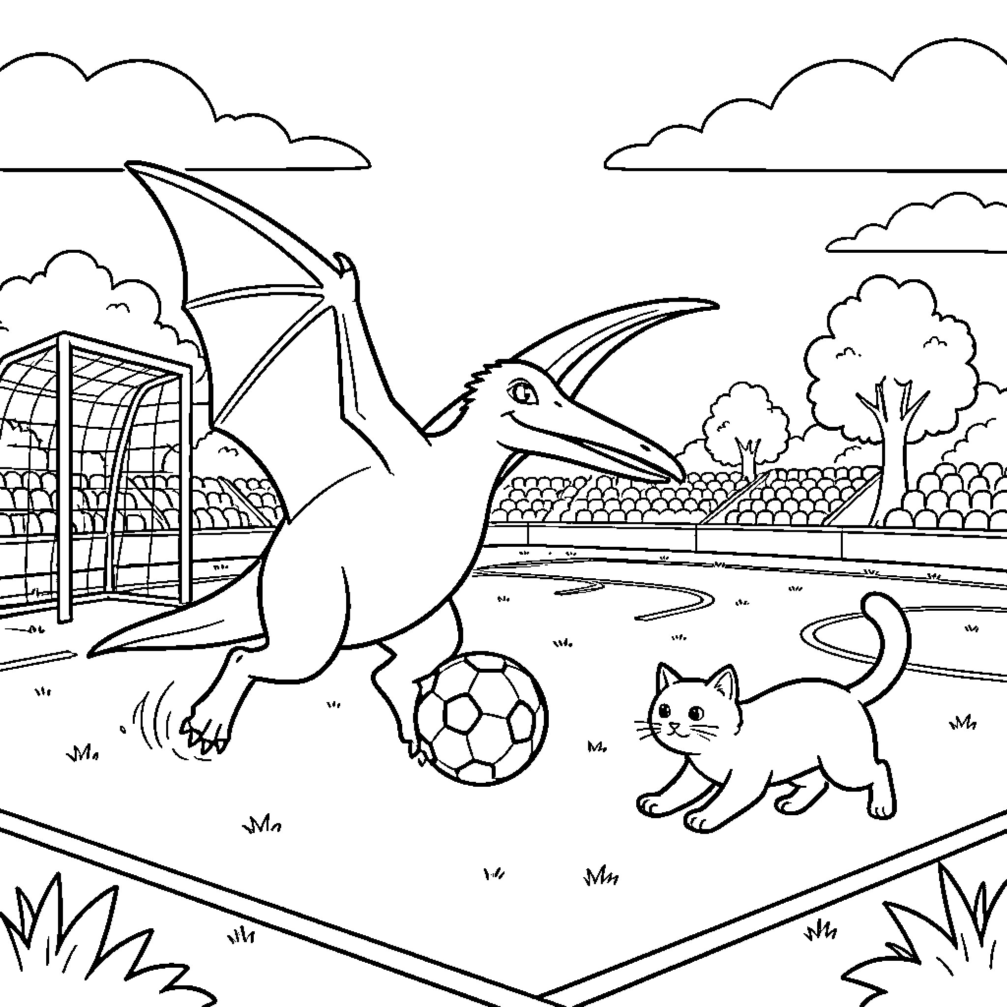 Pterodactyl playing soccer with a small cat Coloring Page (free black-and-white line drawing printable PDF for all, from beginners to advanced learners, including children, teens, adults, and seniors)