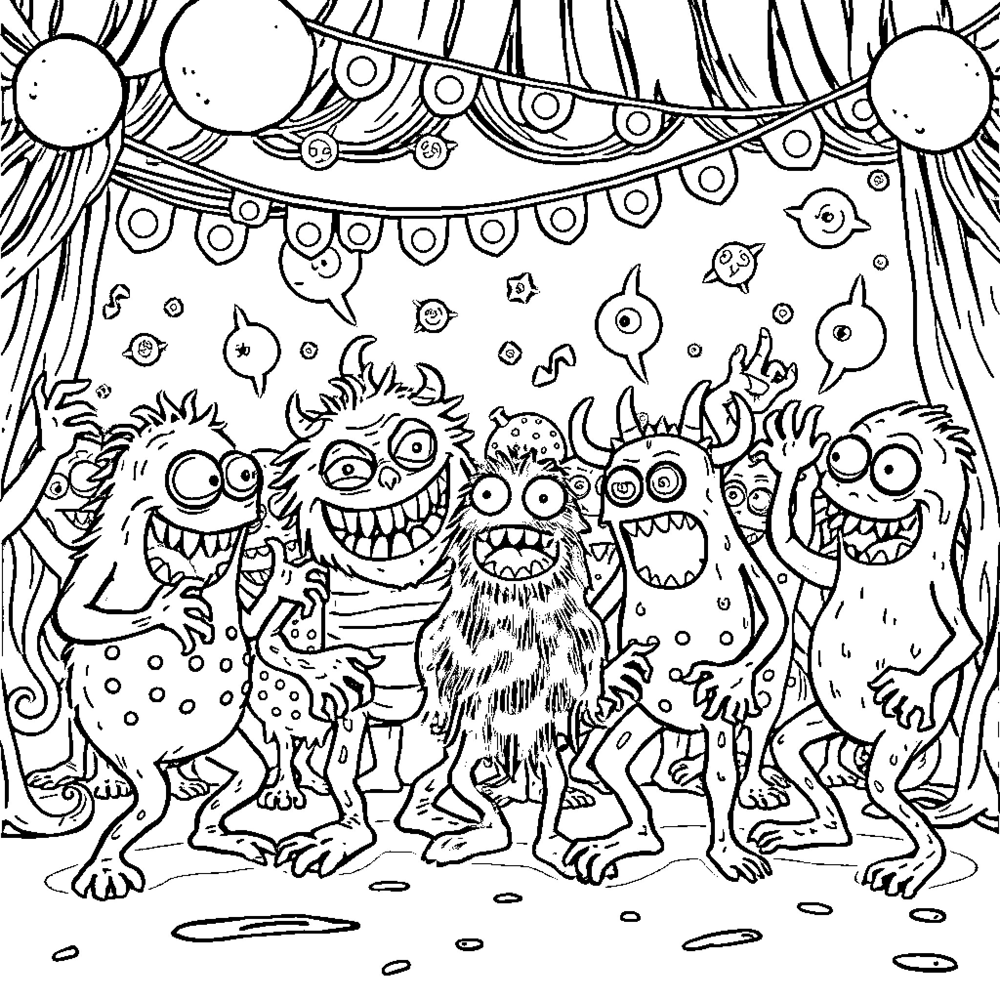 Monster group celebrating at a carnival Coloring Page (free black-and-white line drawing printable PDF for all, from beginners to advanced learners, including children, teens, adults, and seniors)