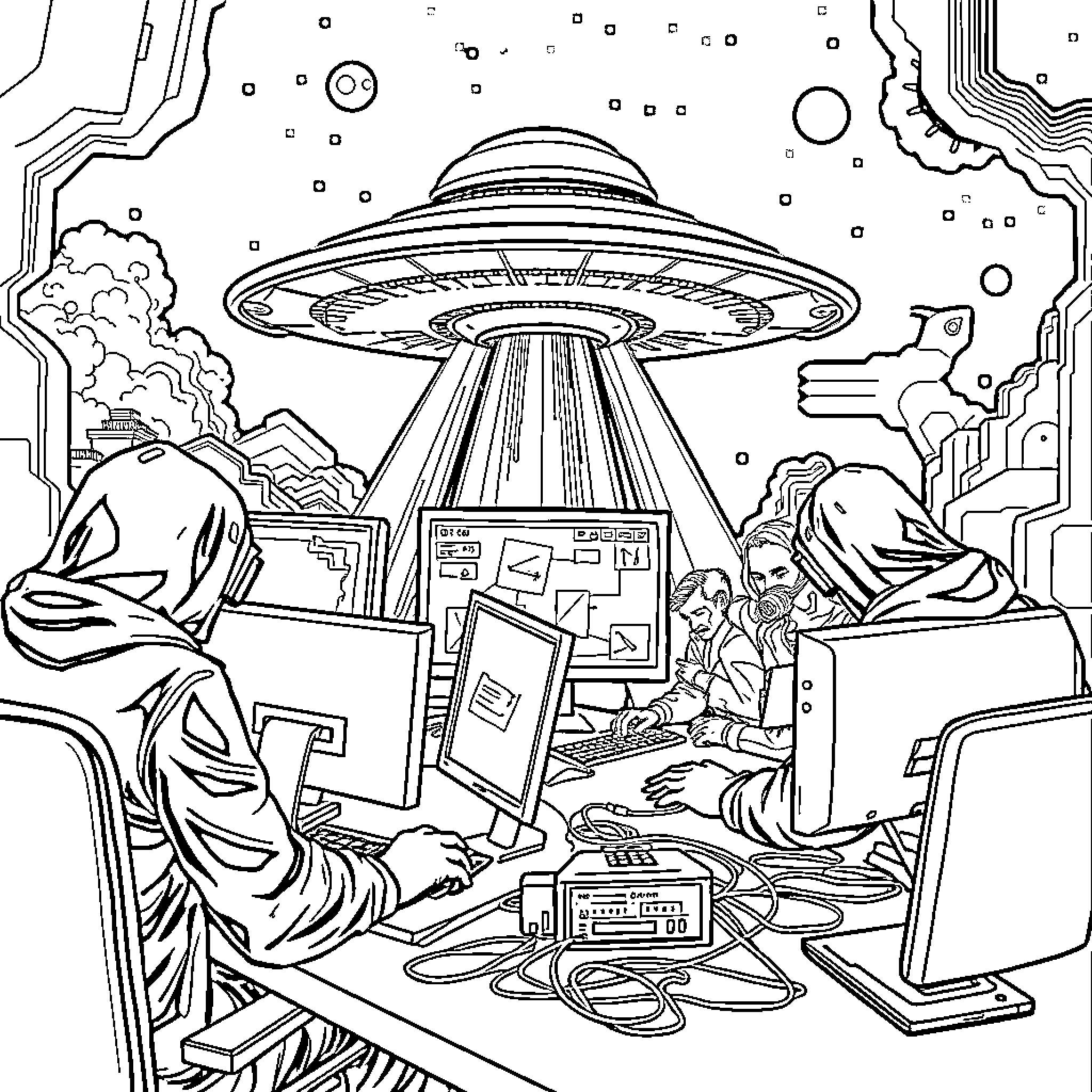 Hacker Infiltrates Alien Spacecraft Undetected Coloring Page (free black-and-white line drawing printable PDF for all, from beginners to advanced learners, including children, teens, adults, and seniors)