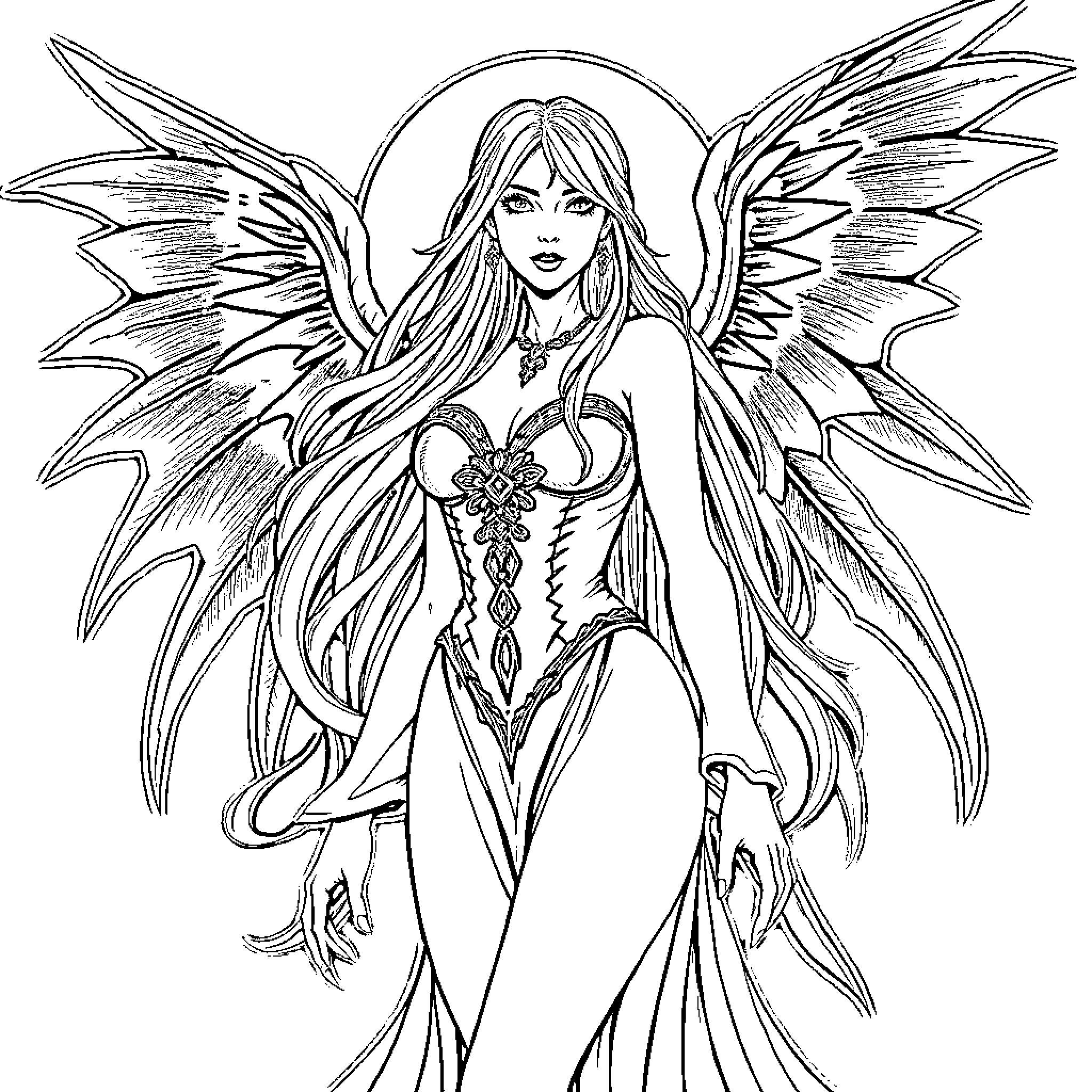 Morrigan, the Mystical Winged Goddess Coloring Page (free black-and-white line drawing printable PDF for all, from beginners to advanced learners, including children, teens, adults, and seniors)