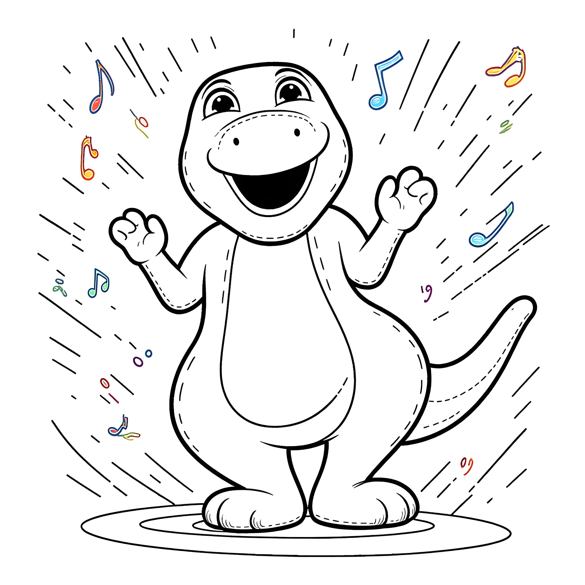 Barney dancing and enjoying the music Coloring Page (free black-and-white line drawing printable PDF for all, from beginners to advanced learners, including children, teens, adults, and seniors)