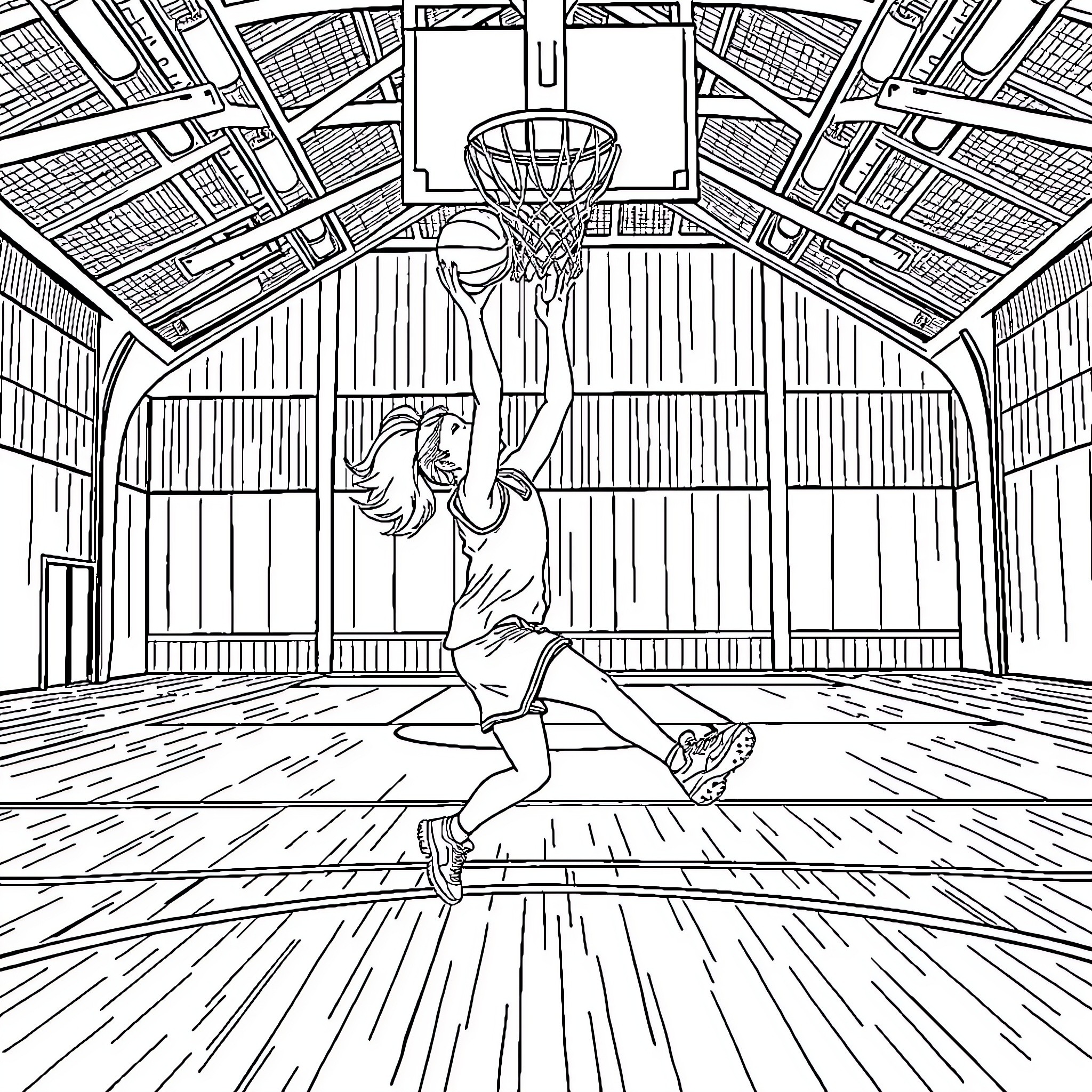Basket Dunk in Wooden Basketball Court Coloring Page (free black-and-white line drawing printable PDF for all, from beginners to advanced learners, including children, teens, adults, and seniors)