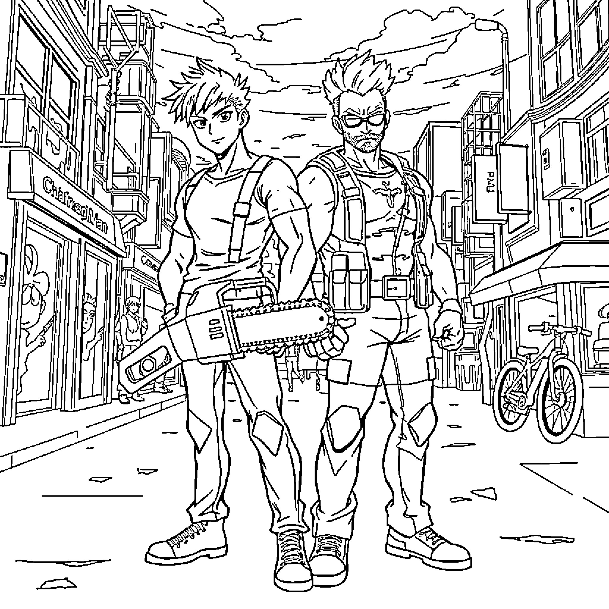 Chainsaw Man duo in action-packed urban setting Coloring Page (free black-and-white line drawing printable PDF for all, from beginners to advanced learners, including children, teens, adults, and seniors)