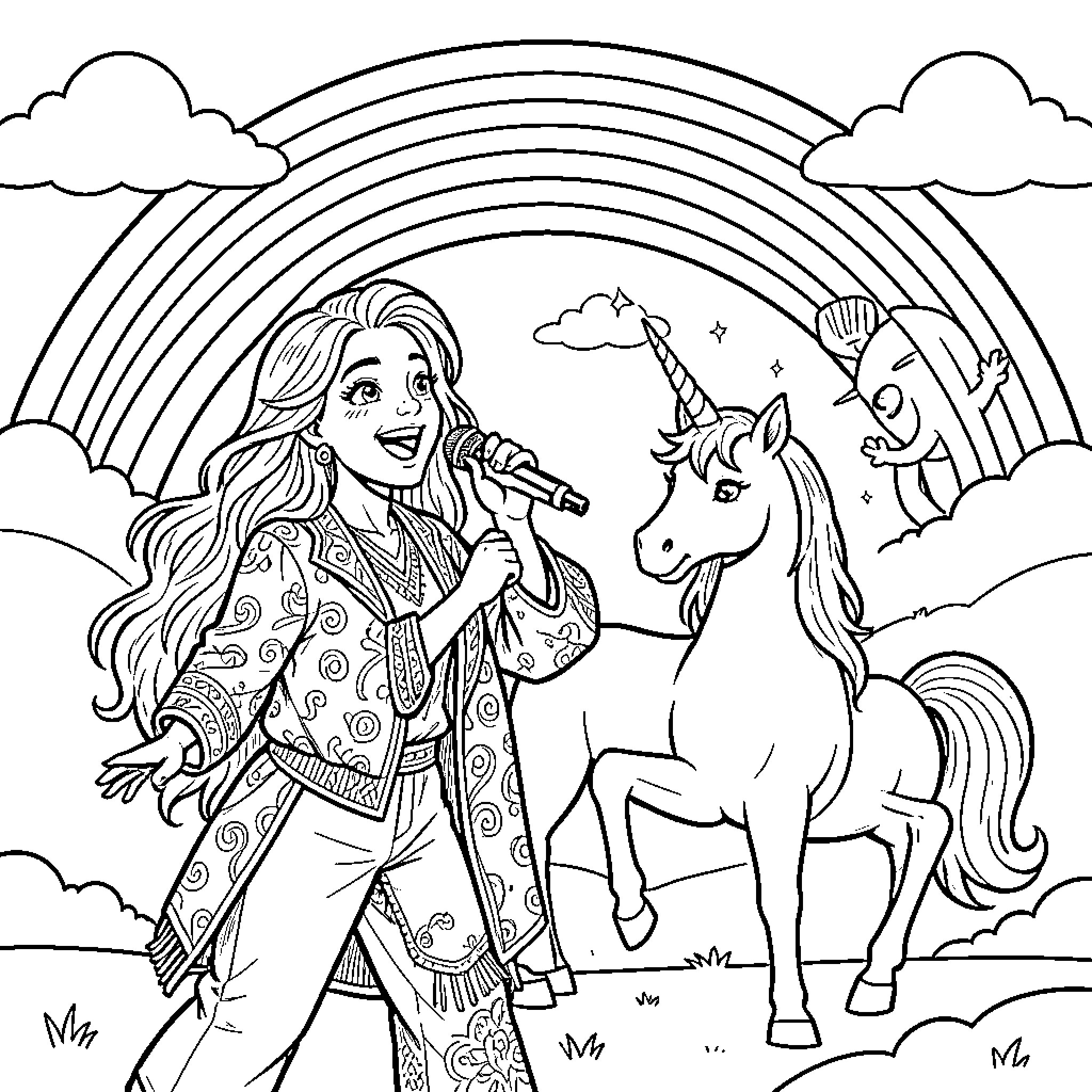 Rumi's Magical Encounter with a Unicorn Coloring Page (free black-and-white line drawing printable PDF for all, from beginners to advanced learners, including children, teens, adults, and seniors)