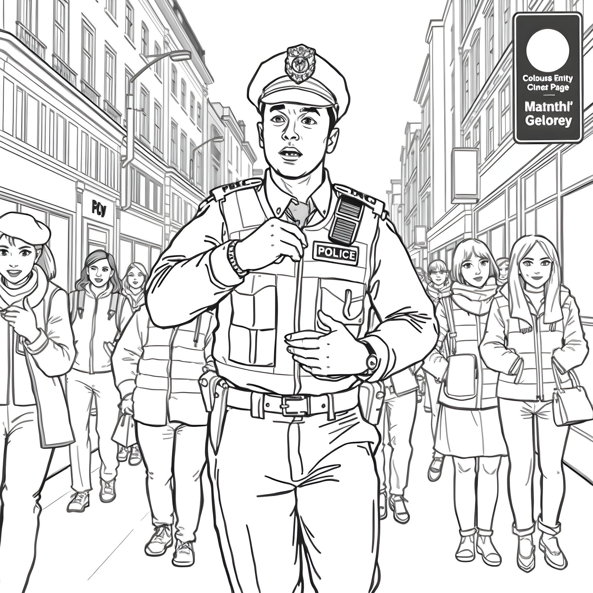 Police Officer Patrolling City Street with Crowd Coloring Page (free black-and-white line drawing printable PDF for all, from beginners to advanced learners, including children, teens, adults, and seniors)