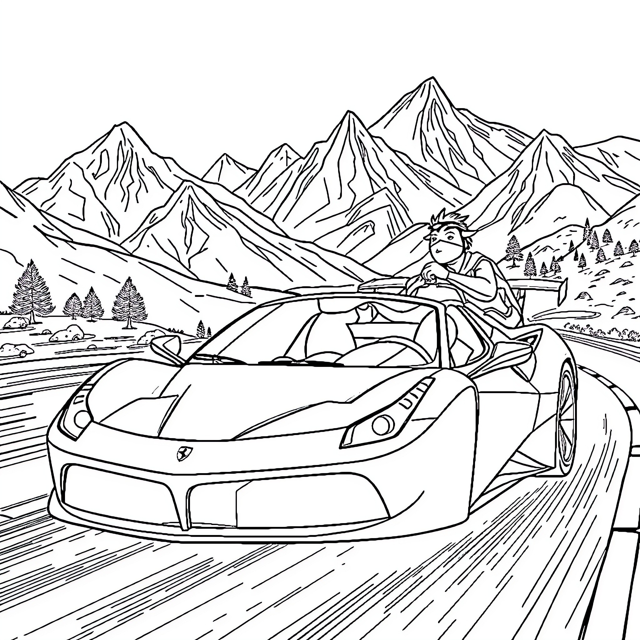 Ferrari sports car driving through scenic mountain landscape Coloring Page (free black-and-white line drawing printable PDF for all, from beginners to advanced learners, including children, teens, adults, and seniors)
