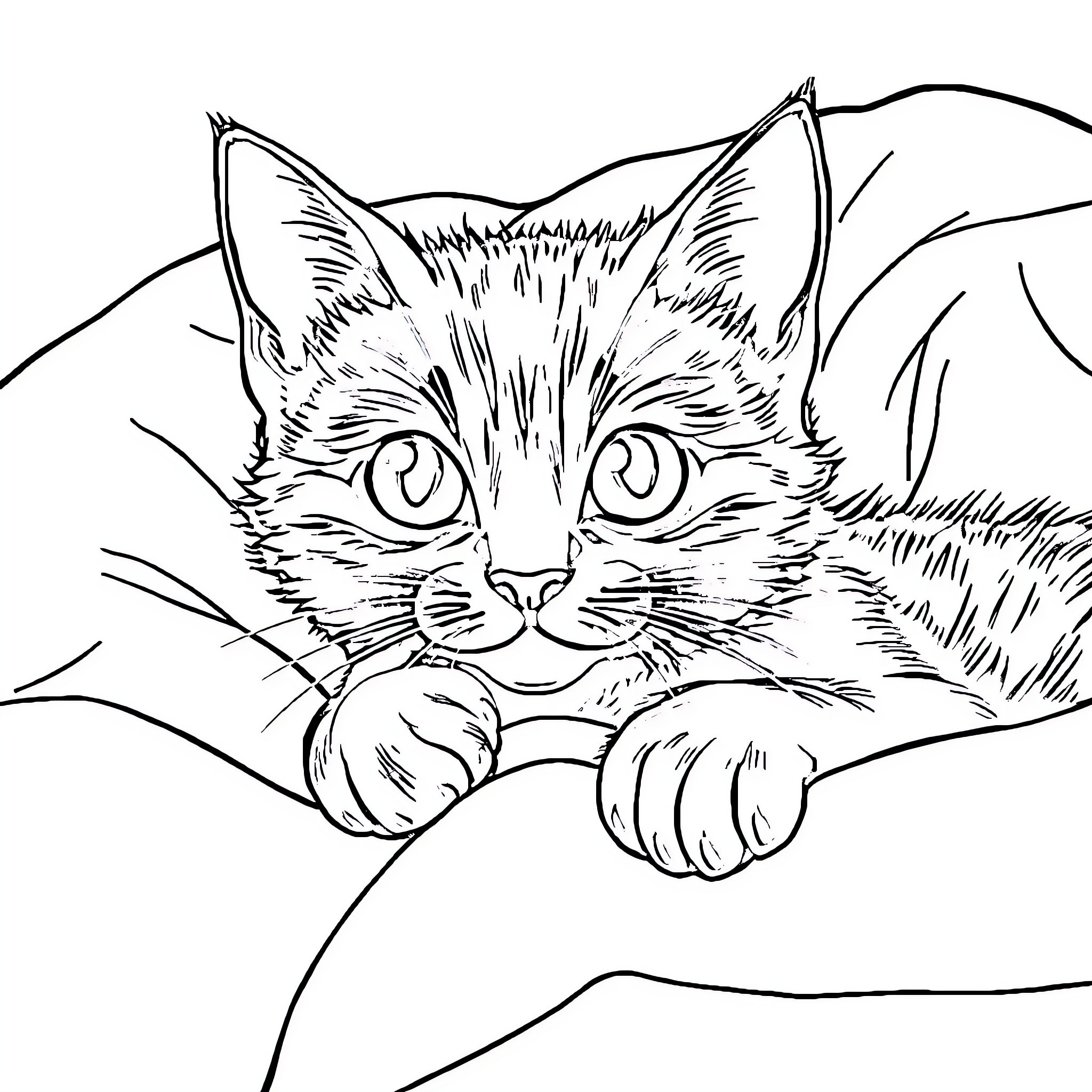 Cat resting peacefully on a cozy surface Coloring Page (free black-and-white line drawing printable PDF for all, from beginners to advanced learners, including children, teens, adults, and seniors)