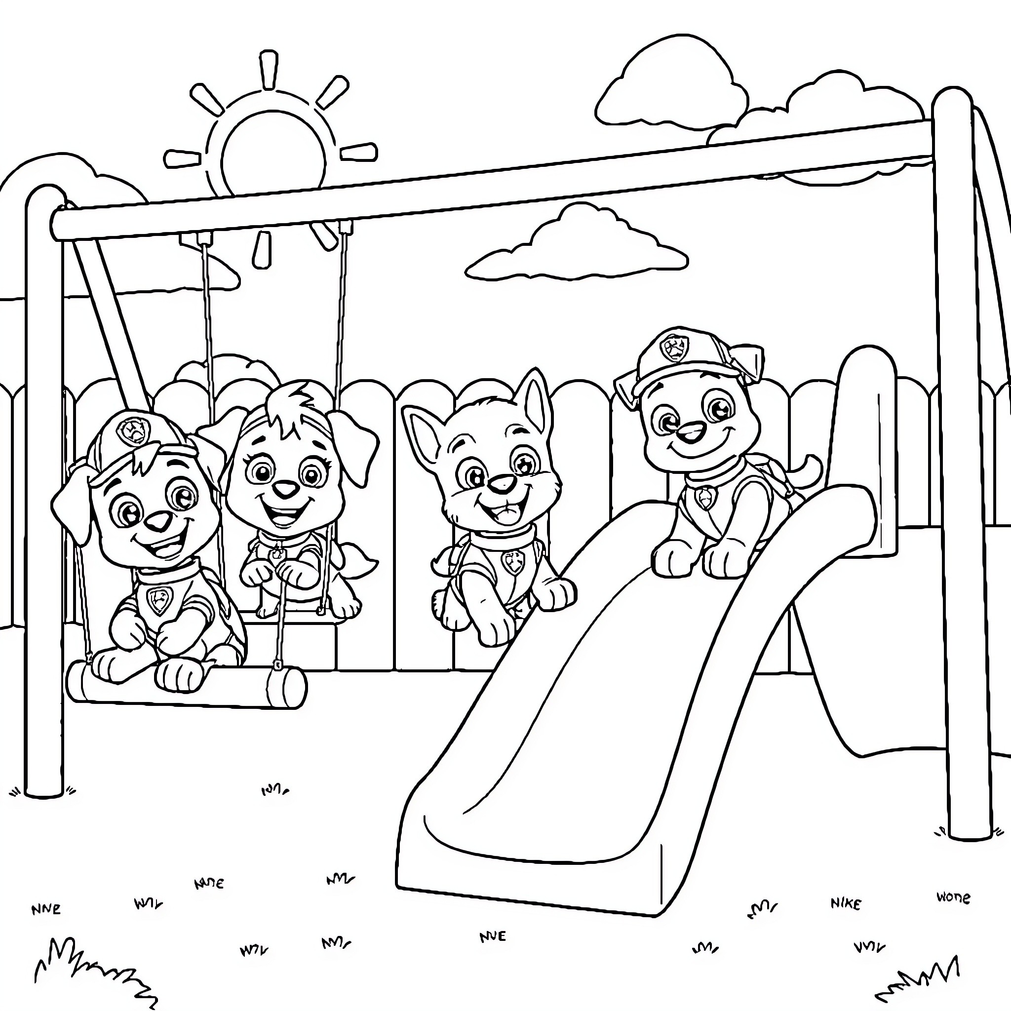 Paw Patrol Puppies Playing Happily on Playground Coloring Page (free black-and-white line drawing printable PDF for all, from beginners to advanced learners, including children, teens, adults, and seniors)