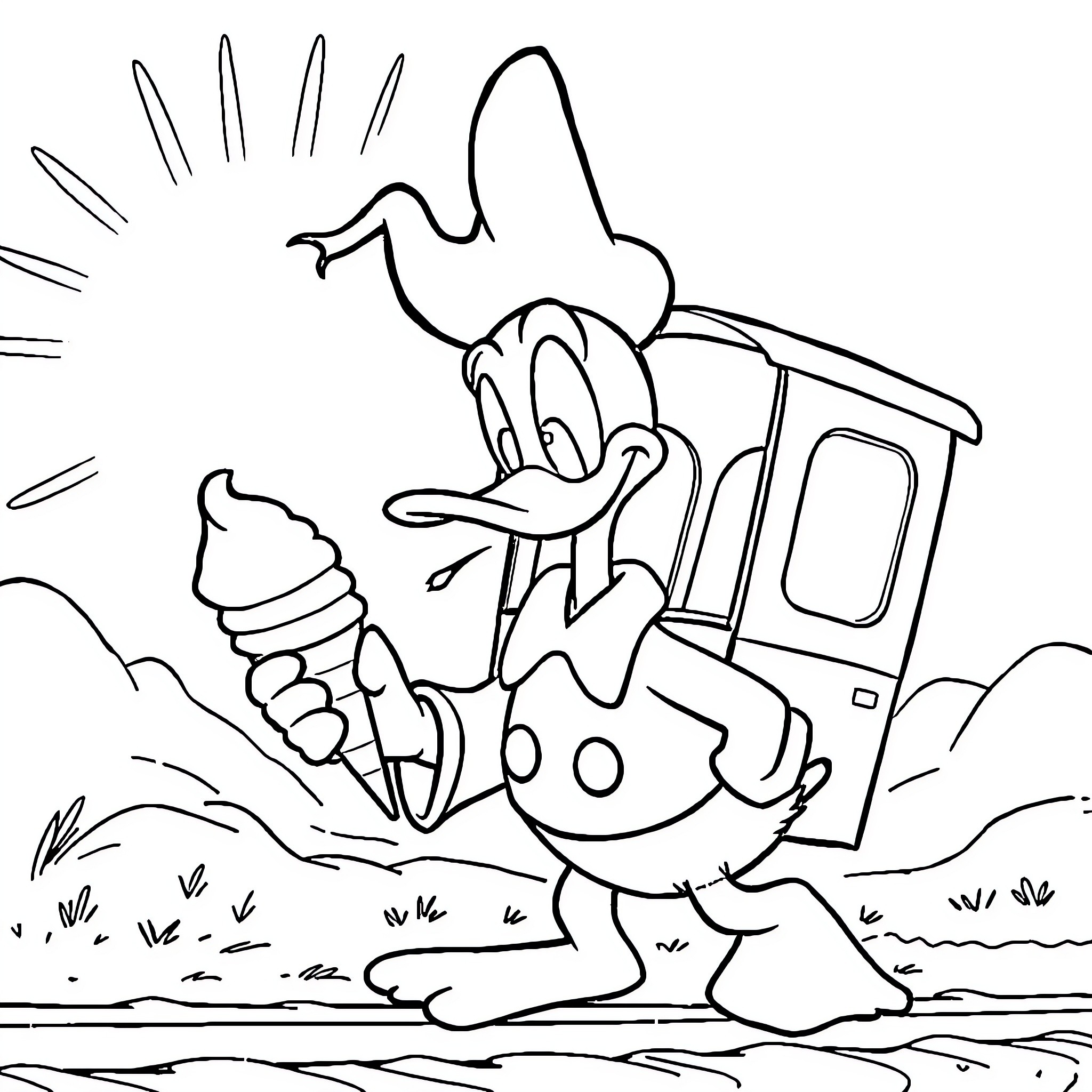 Donald Duck enjoying an ice cream cone in the park Coloring Page (free black-and-white line drawing printable PDF for all, from beginners to advanced learners, including children, teens, adults, and seniors)