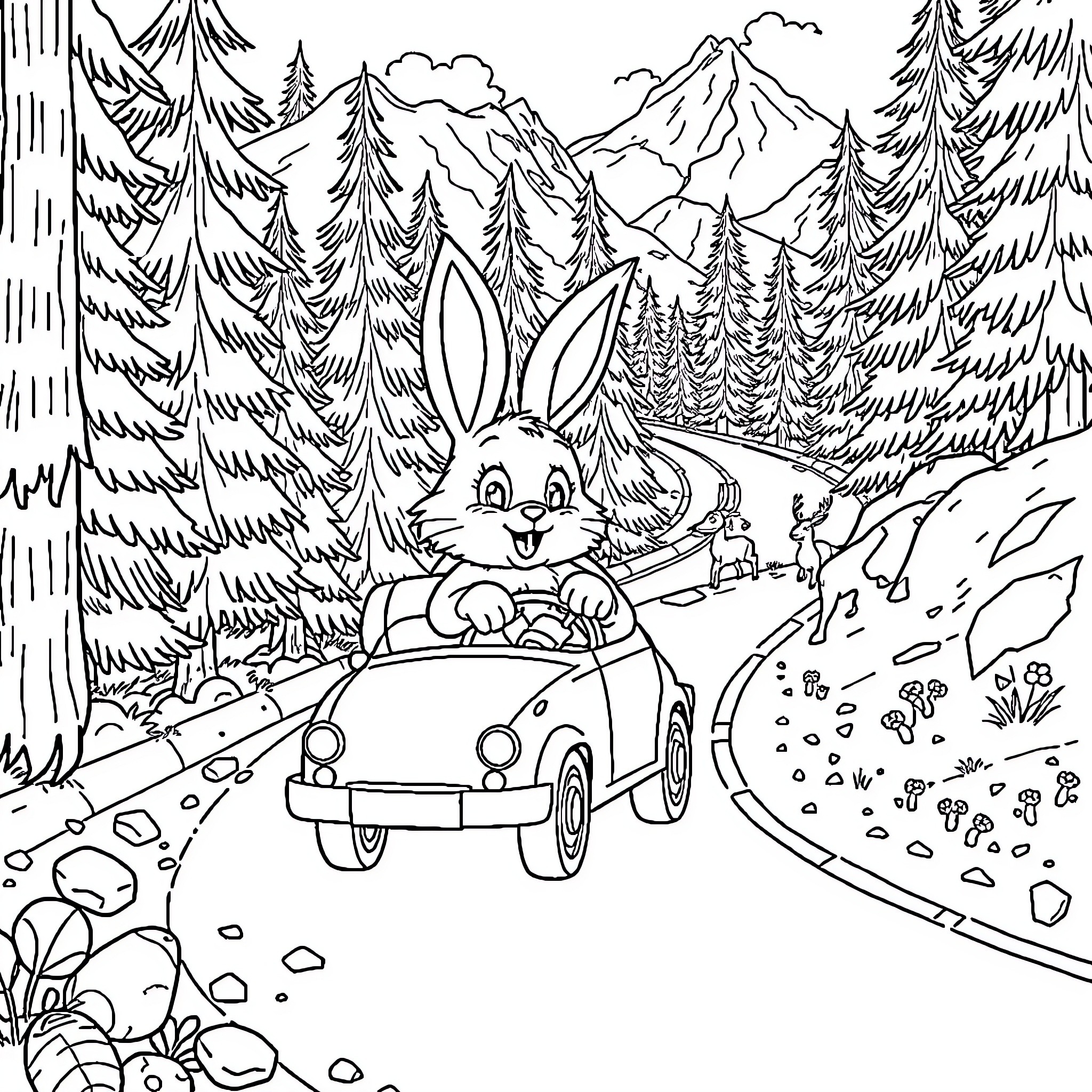 Bunny driving a car through a forest landscape Coloring Page (free black-and-white line drawing printable PDF for all, from beginners to advanced learners, including children, teens, adults, and seniors)