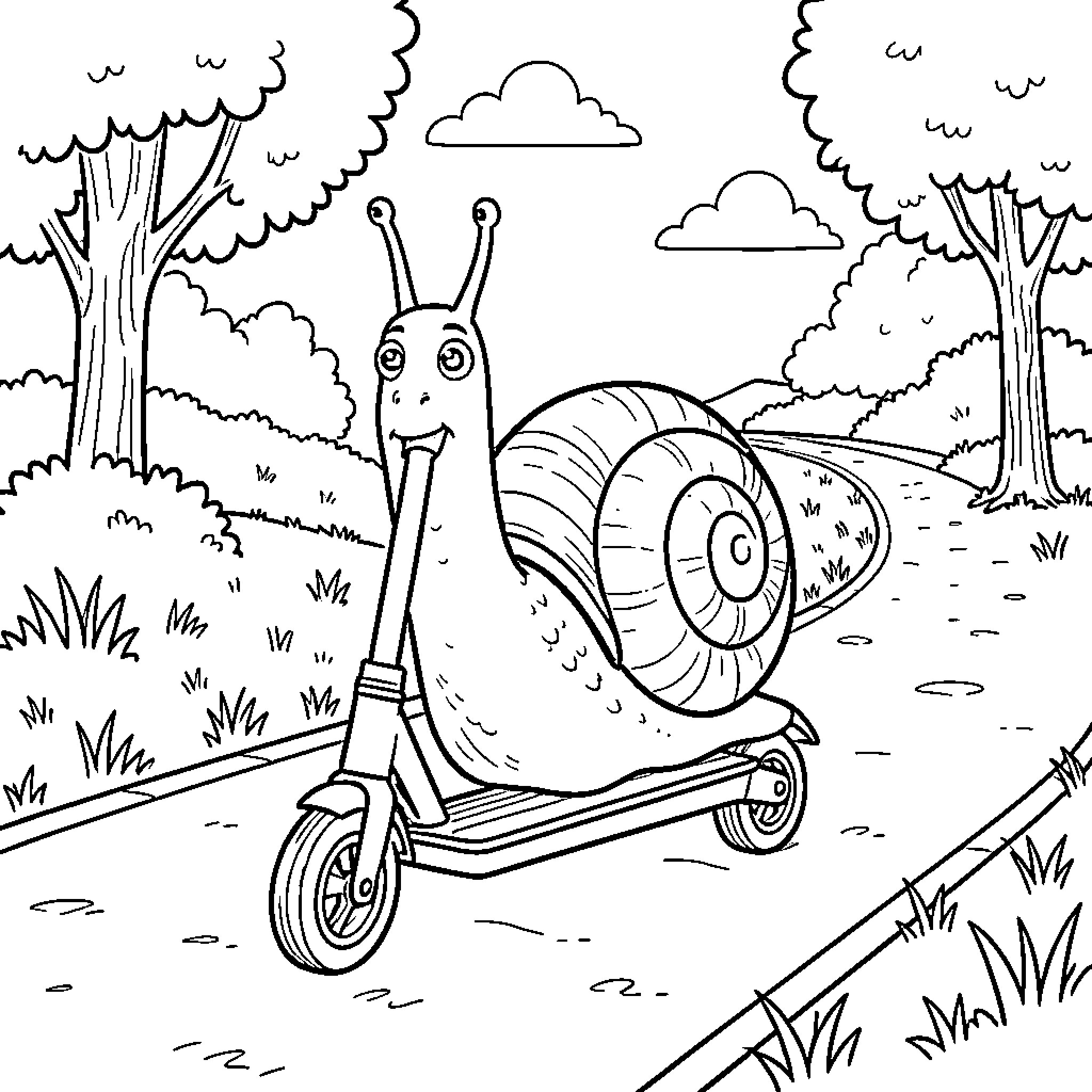 Snail riding a scooter along a path Coloring Page (free black-and-white line drawing printable PDF for all, from beginners to advanced learners, including children, teens, adults, and seniors)