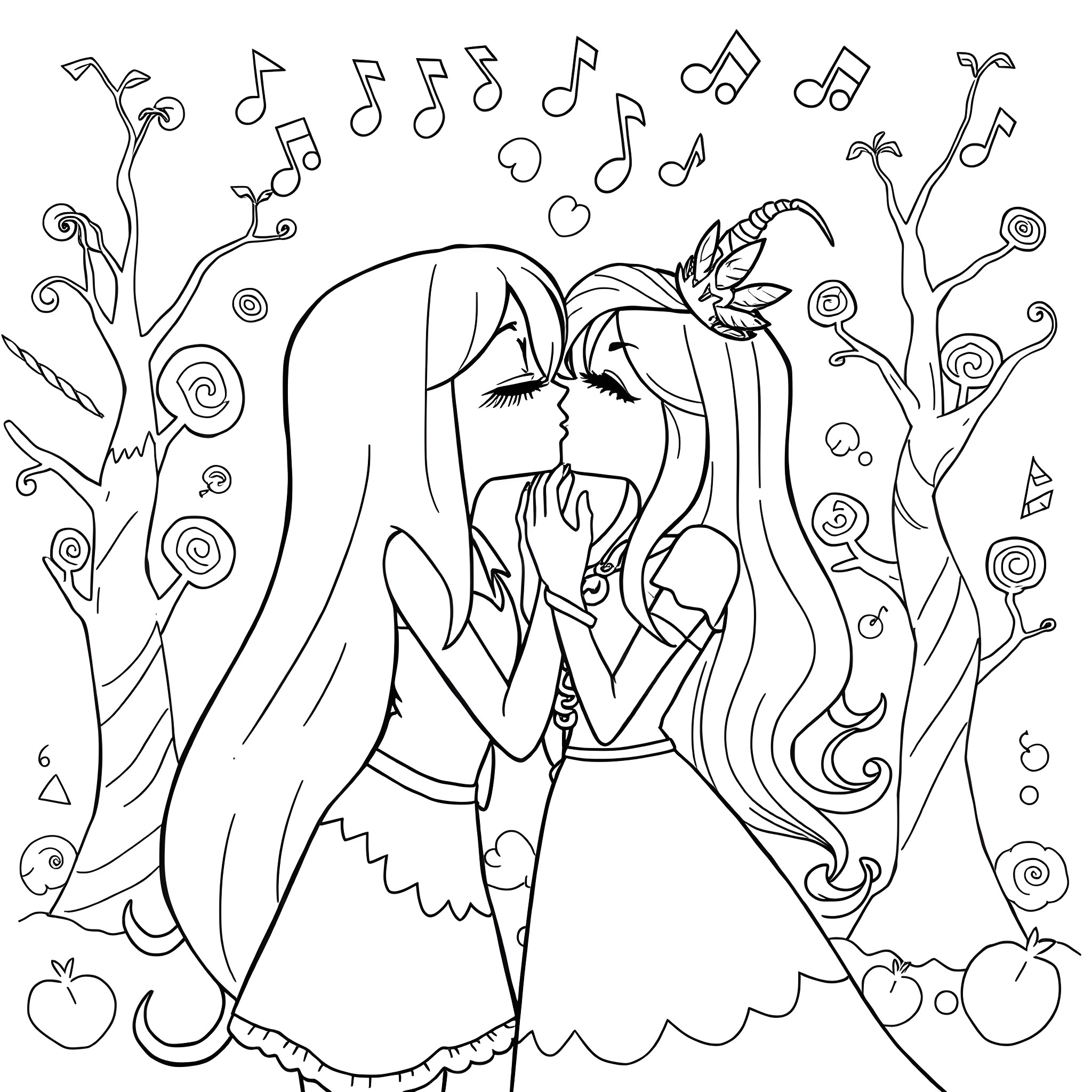 Marceline and her musical friends in a whimsical forest Coloring Page (free black-and-white line drawing printable PDF for all, from beginners to advanced learners, including children, teens, adults, and seniors)