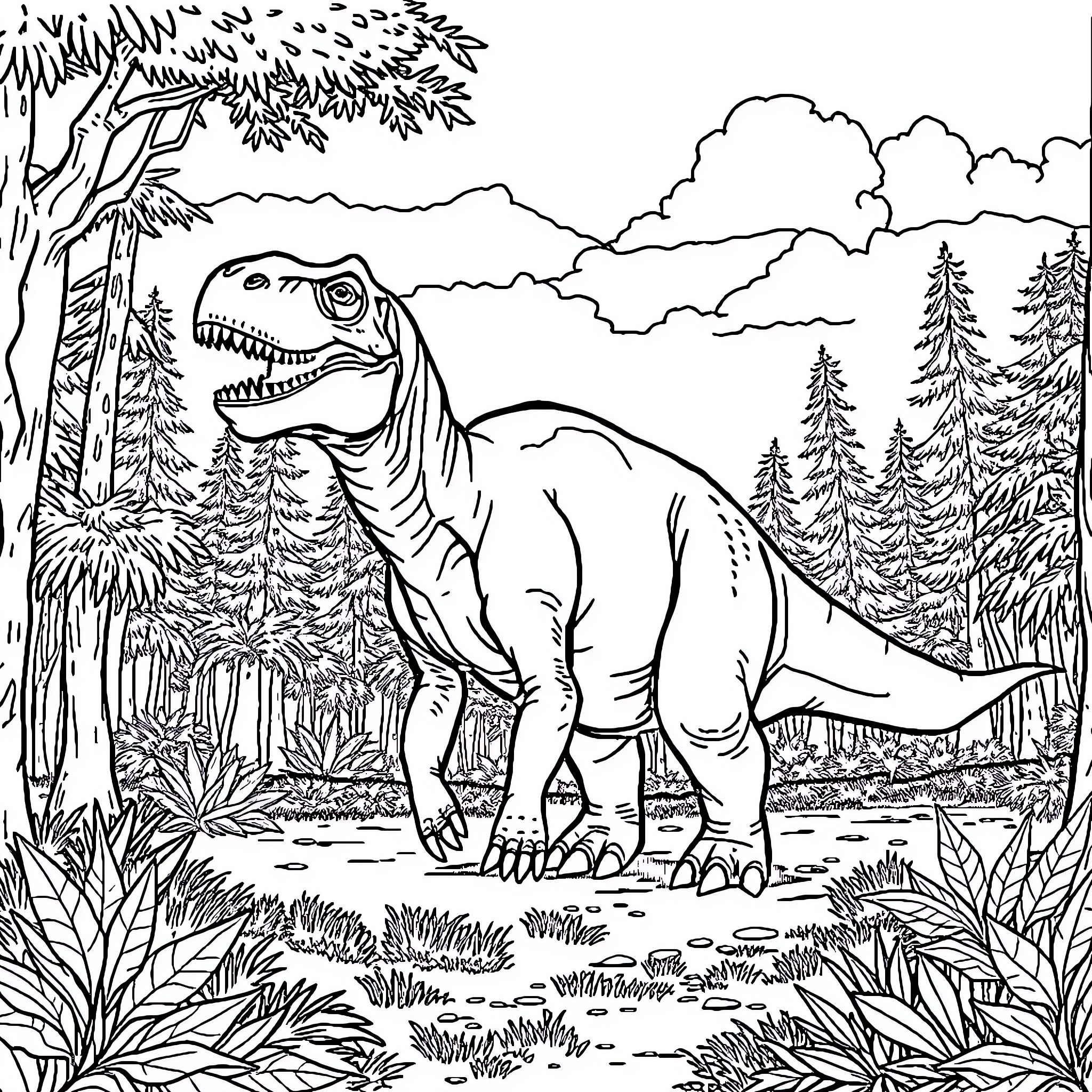 Dinosaur in the Prehistoric Forest Coloring Page (free black-and-white line drawing printable PDF for all, from beginners to advanced learners, including children, teens, adults, and seniors)