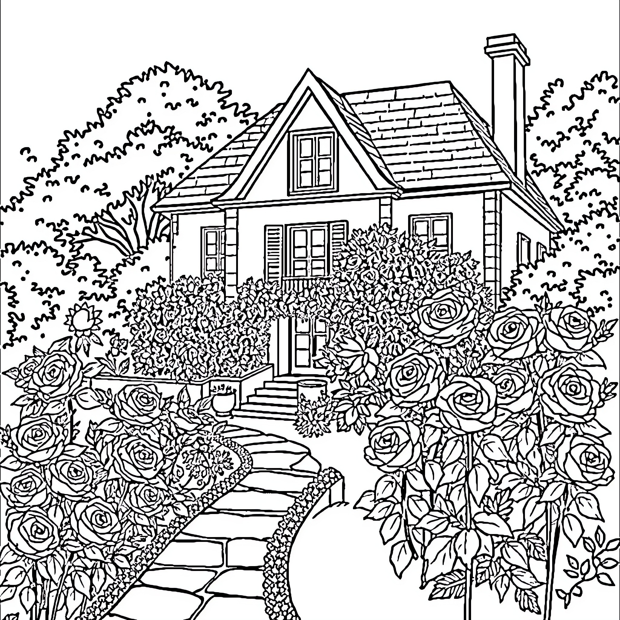 House with Lush Garden and Flower Path Coloring Page (free black-and-white line drawing printable PDF for all, from beginners to advanced learners, including children, teens, adults, and seniors)