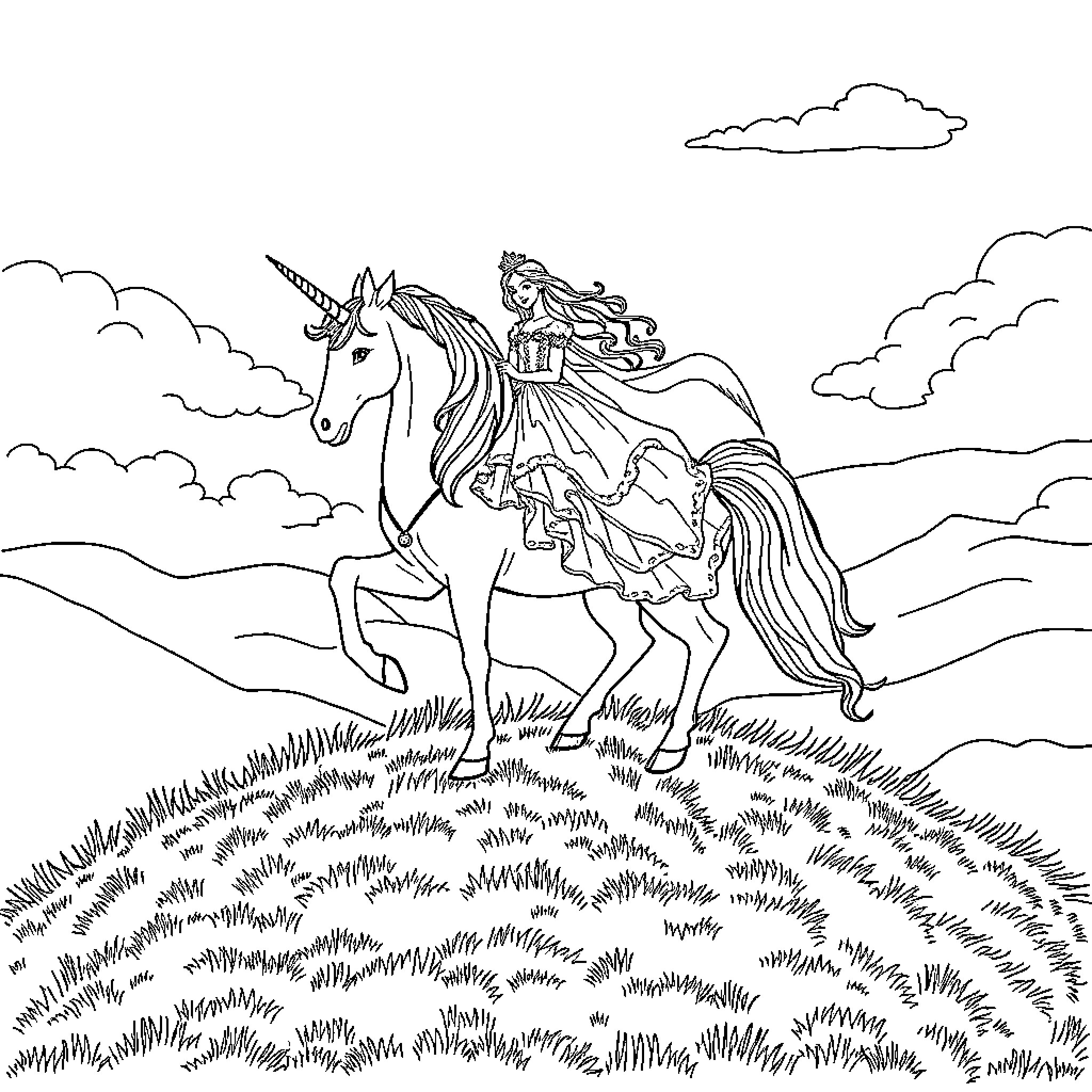 Princess Riding a Magical Unicorn Through the Fields Coloring Page (free black-and-white line drawing printable PDF for all, from beginners to advanced learners, including children, teens, adults, and seniors)