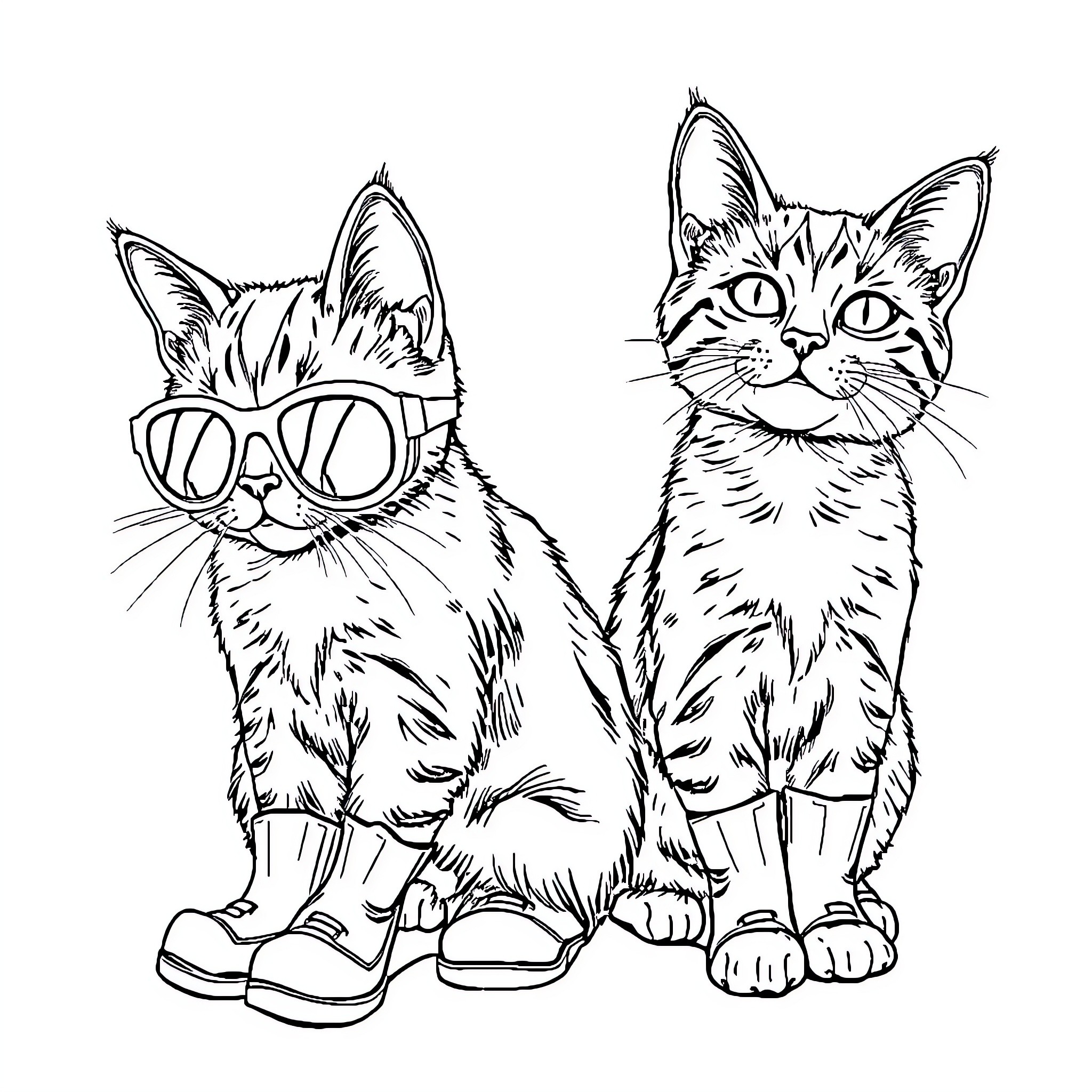 Cats wearing stylish eyeglasses and boots Coloring Page (free black-and-white line drawing printable PDF for all, from beginners to advanced learners, including children, teens, adults, and seniors)