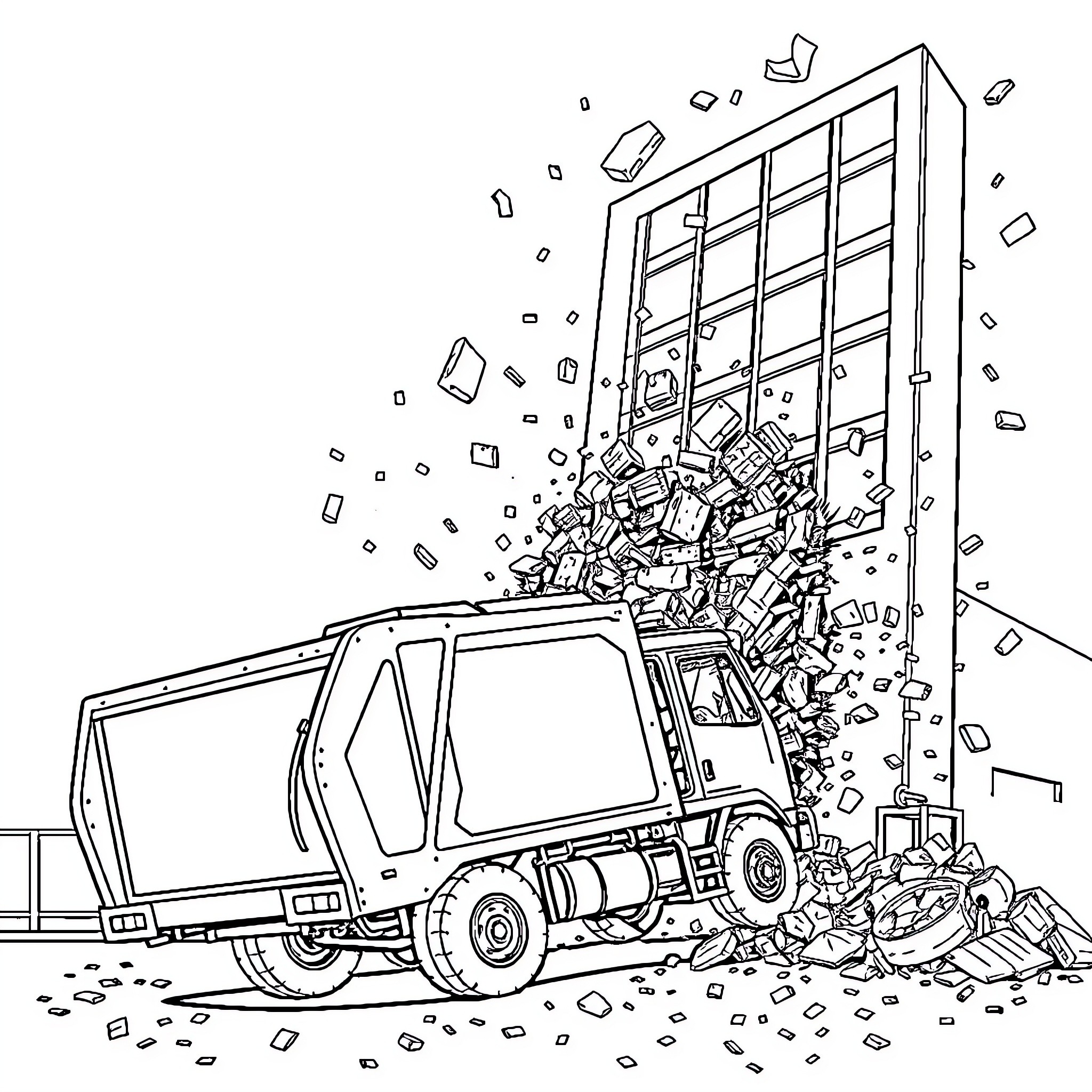 Garbage Truck Overflowing with Waste and Debris Coloring Page (free black-and-white line drawing printable PDF for all, from beginners to advanced learners, including children, teens, adults, and seniors)
