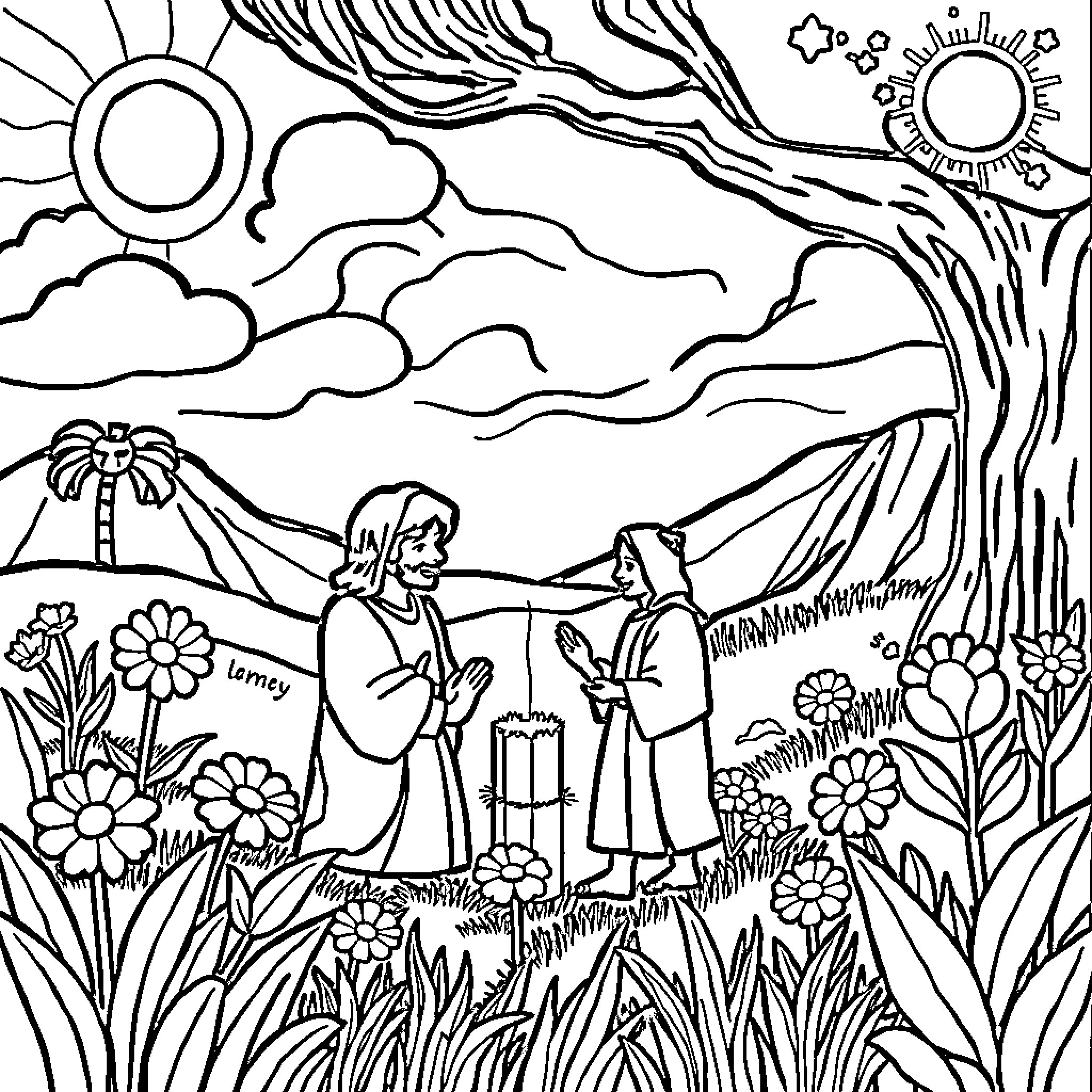 Bible Worksheets: Two men discussing in a serene natural setting Coloring Page (free black-and-white line drawing printable PDF for all, from beginners to advanced learners, including children, teens, adults, and seniors)