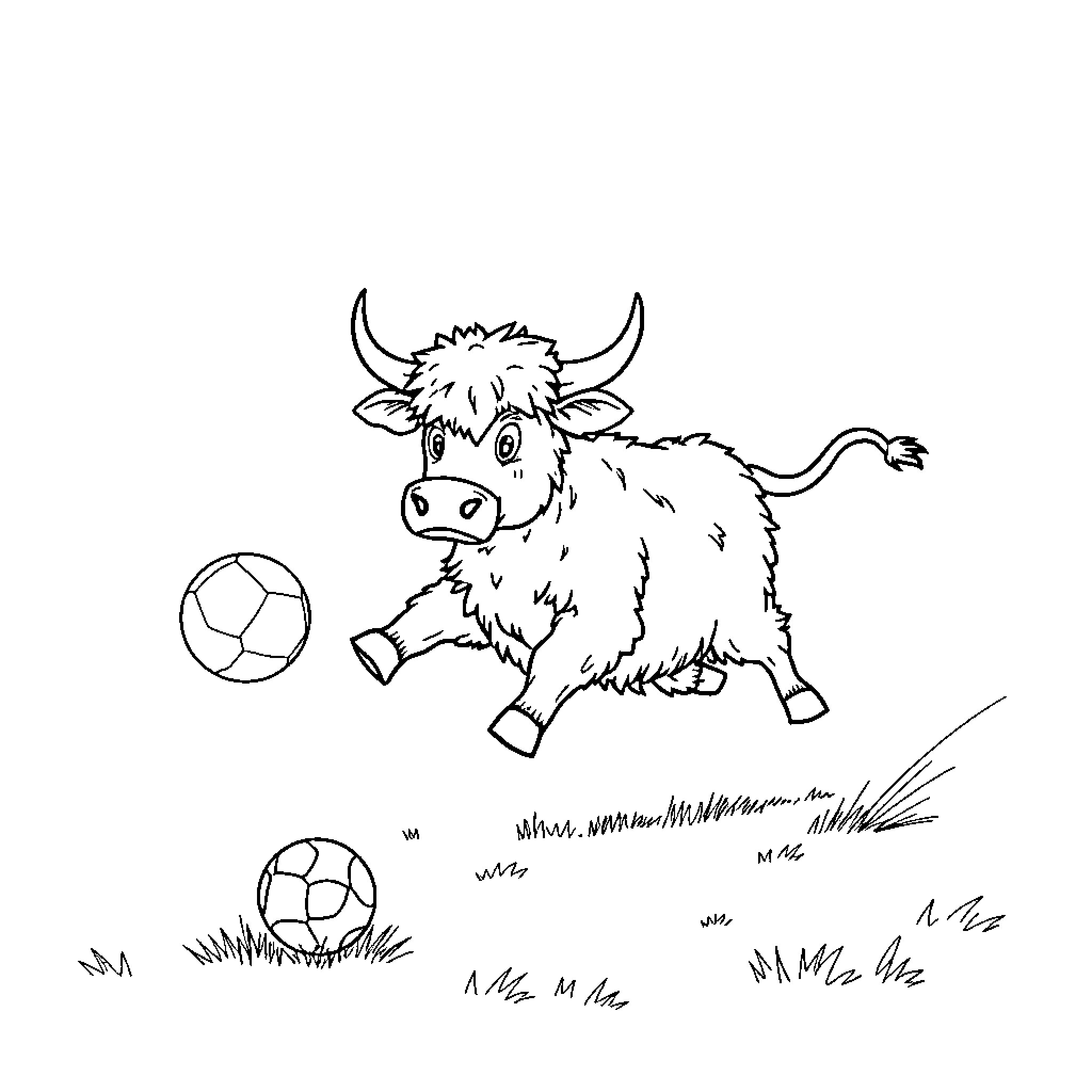 Highland Cow playing with soccer balls in a field Coloring Page (free black-and-white line drawing printable PDF for all, from beginners to advanced learners, including children, teens, adults, and seniors)