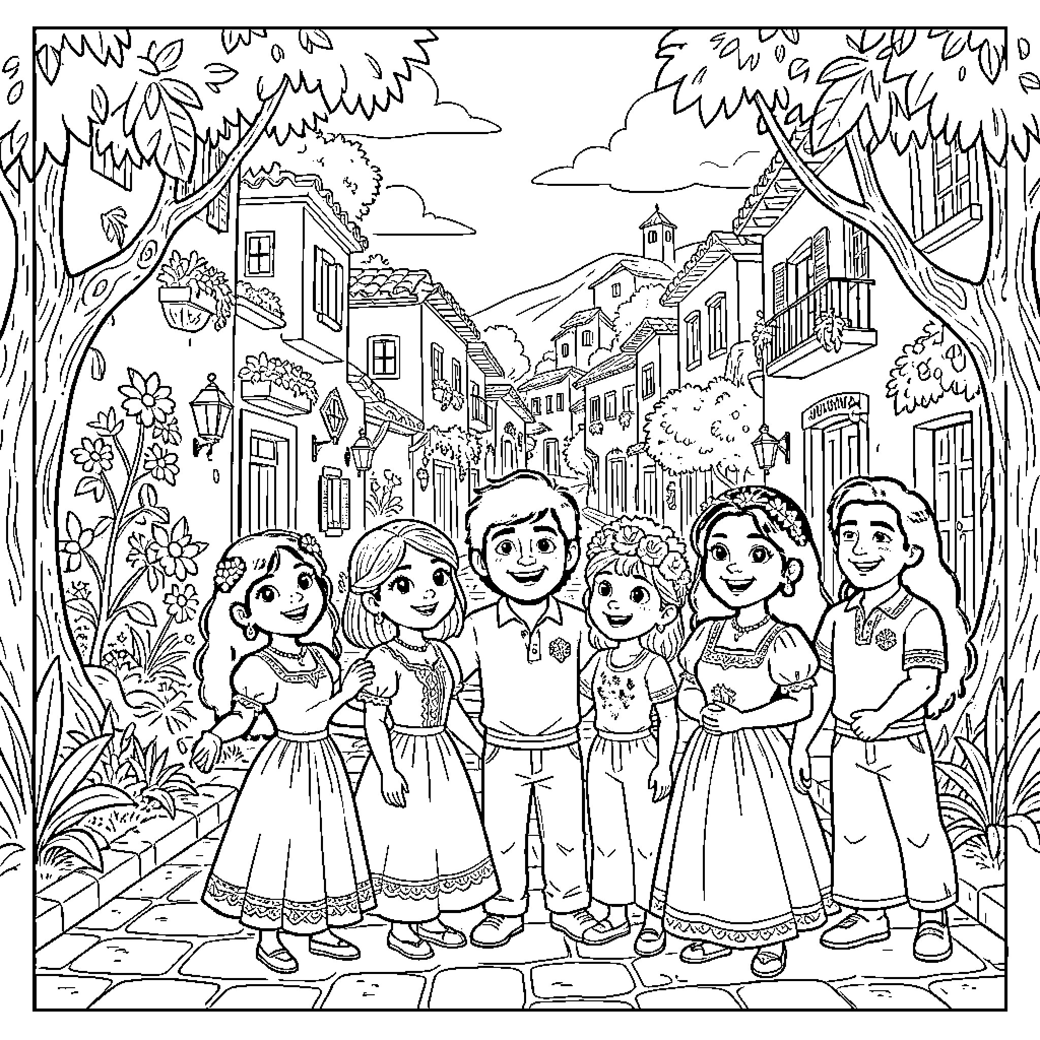 Encanto: Family gathering in a vibrant village Coloring Page (free black-and-white line drawing printable PDF for all, from beginners to advanced learners, including children, teens, adults, and seniors)