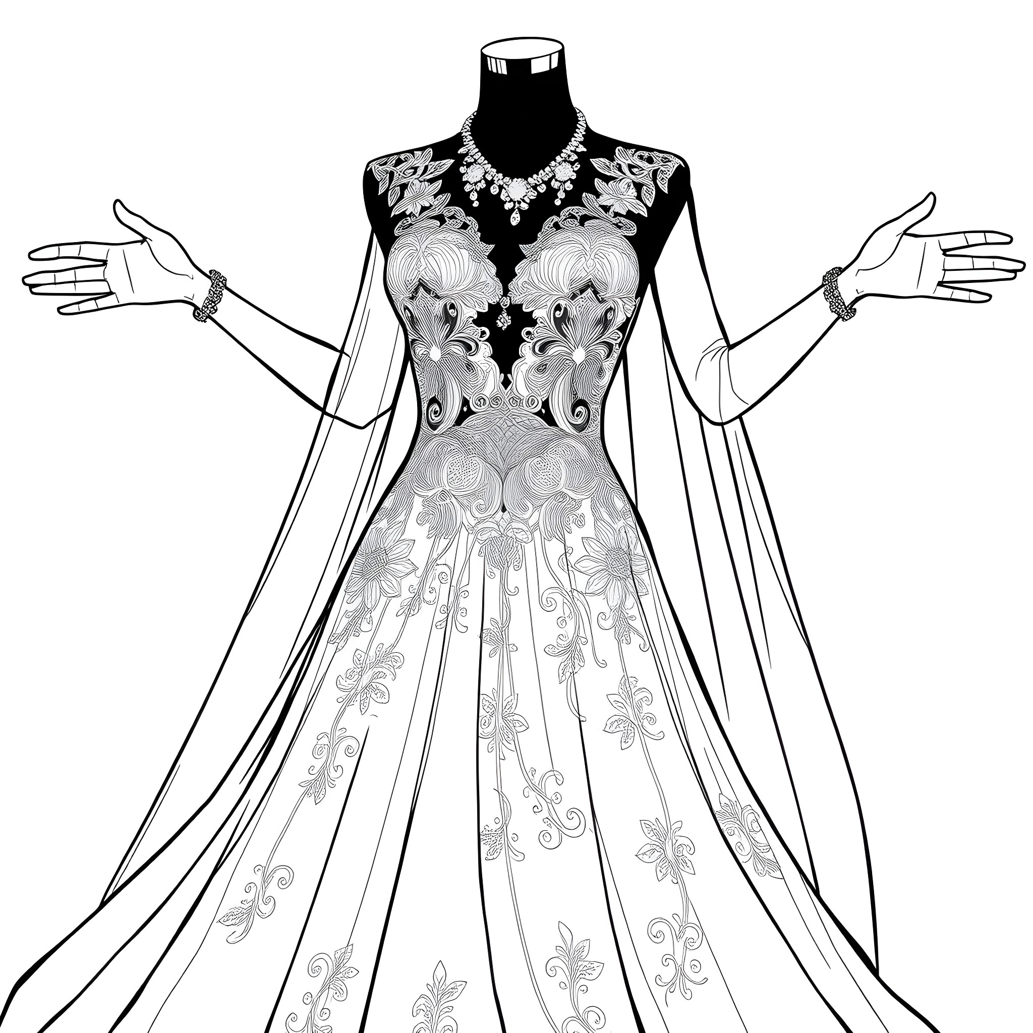 Wedding Dress with Intricate Floral Details Coloring Page (free black-and-white line drawing printable PDF for all, from beginners to advanced learners, including children, teens, adults, and seniors)