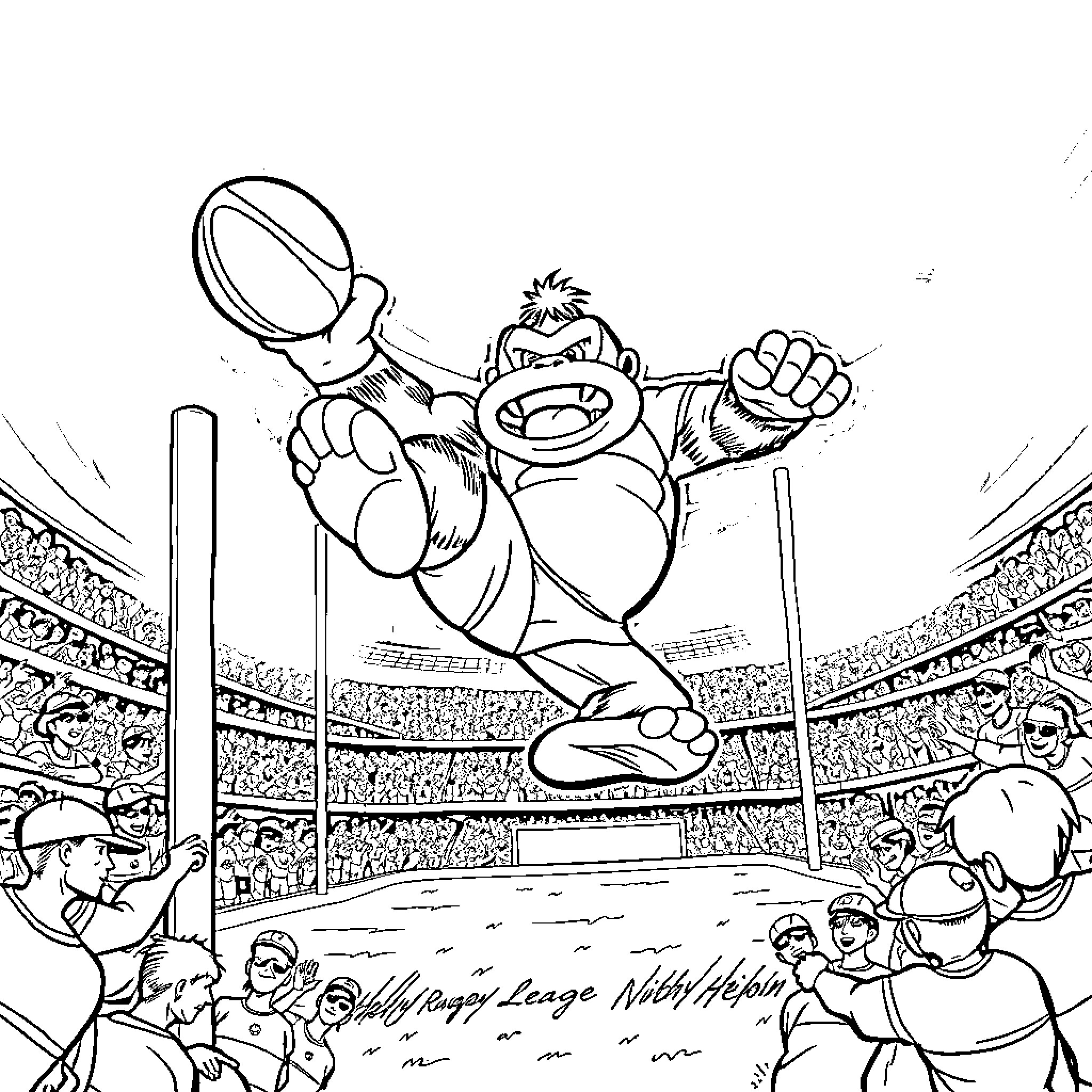Donkey Kong jumps excitedly at a sports event Coloring Page (free black-and-white line drawing printable PDF for all, from beginners to advanced learners, including children, teens, adults, and seniors)