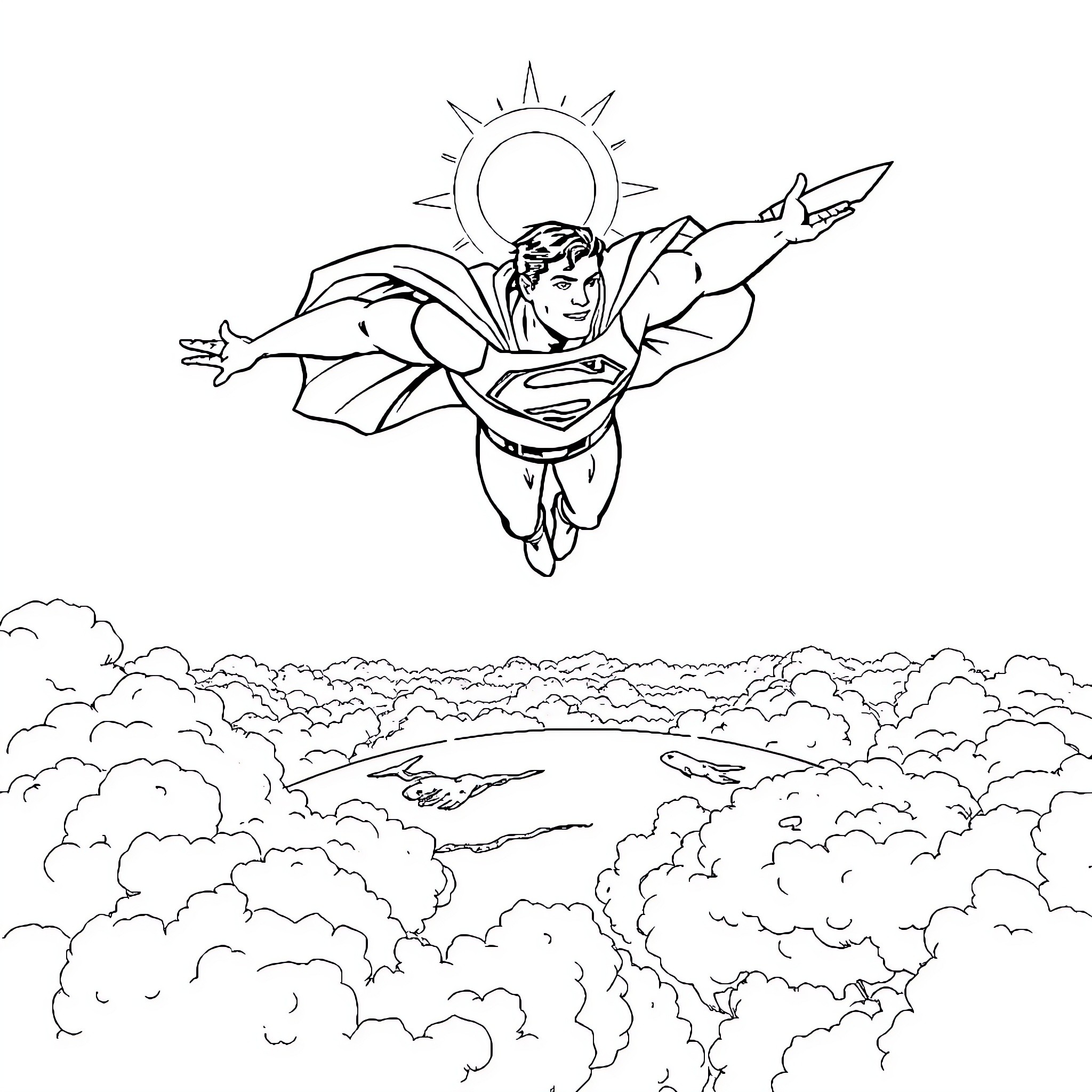 Superman soaring through the sky with outstretched arms Coloring Page (free black-and-white line drawing printable PDF for all, from beginners to advanced learners, including children, teens, adults, and seniors)