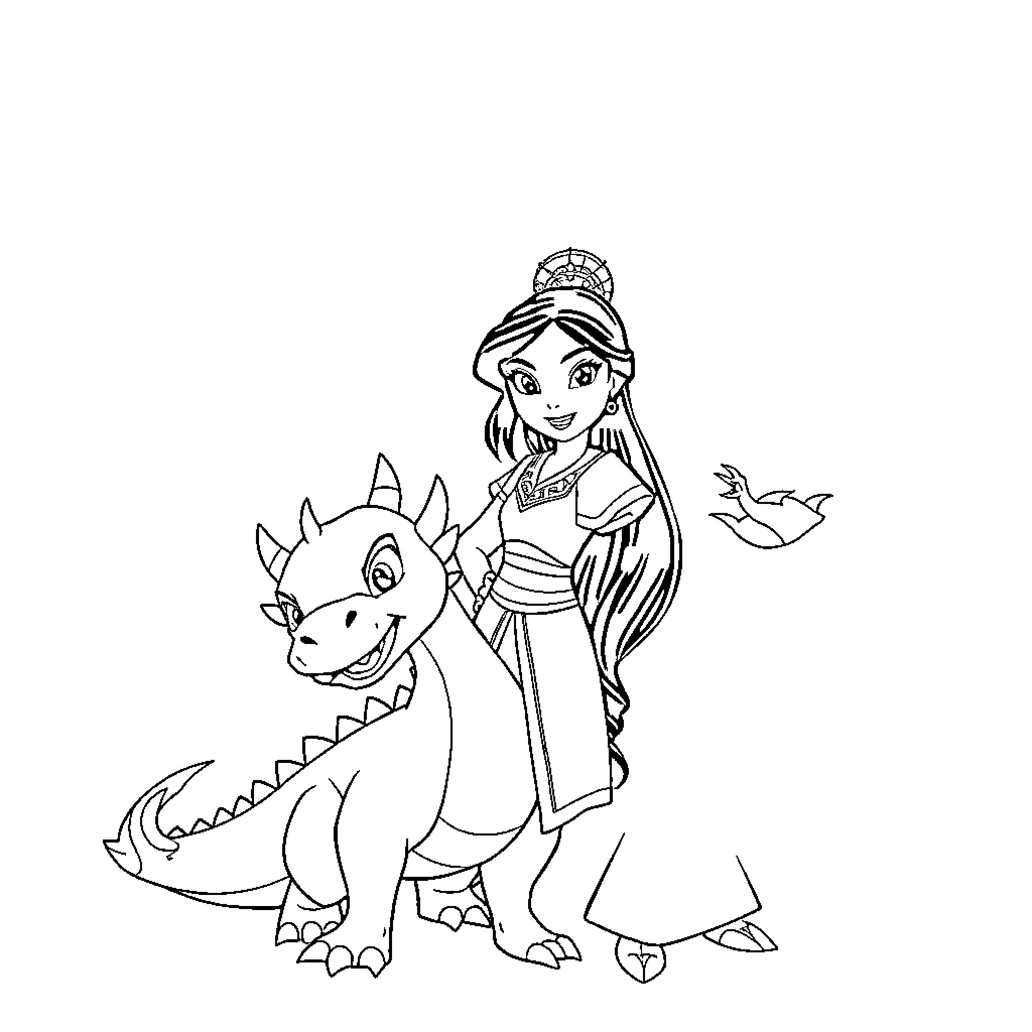 Mulan riding a mythical dragon with birds Coloring Page (free black-and-white line drawing printable PDF for all, from beginners to advanced learners, including children, teens, adults, and seniors)