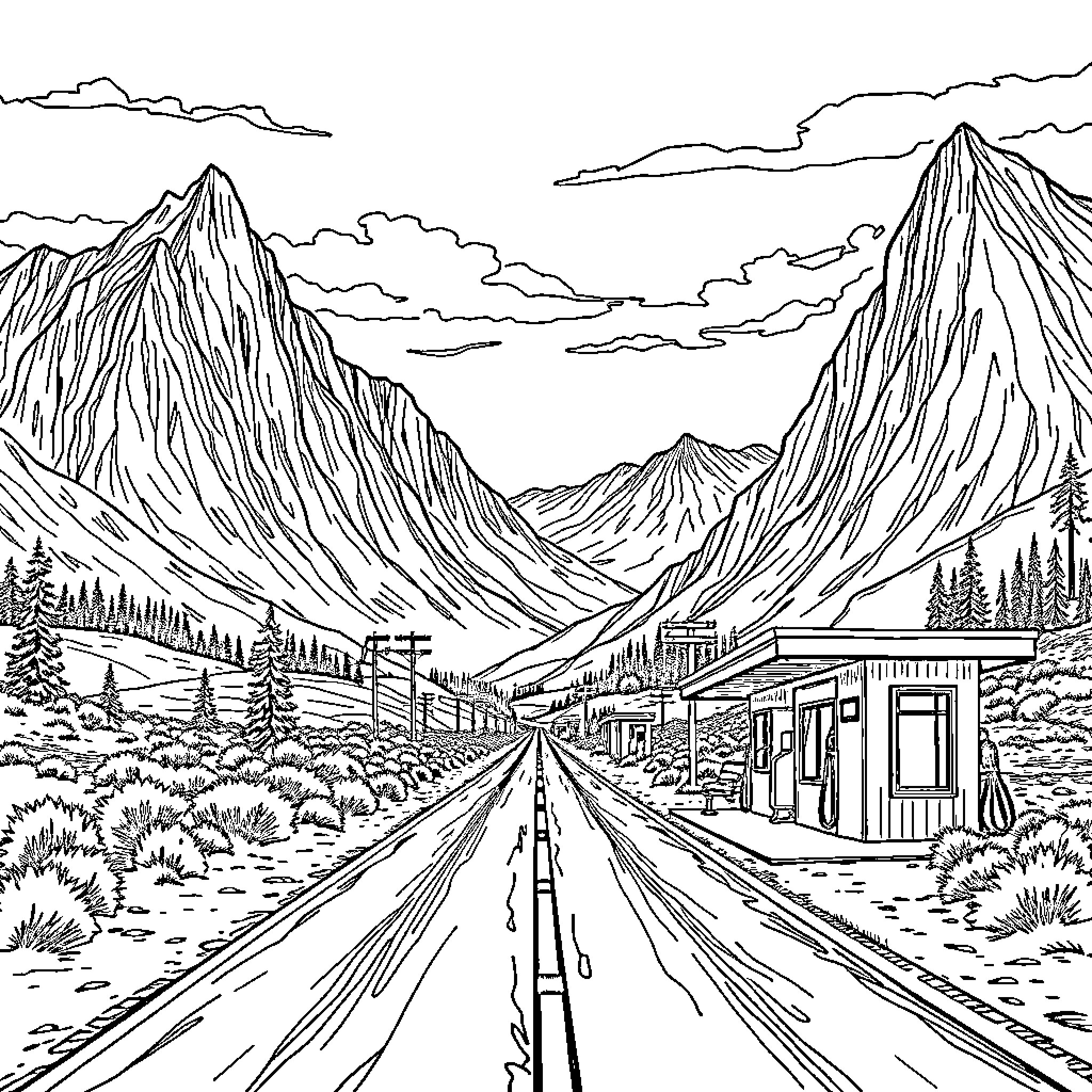Road through mountainous landscape Coloring Page (free black-and-white line drawing printable PDF for all, from beginners to advanced learners, including children, teens, adults, and seniors)