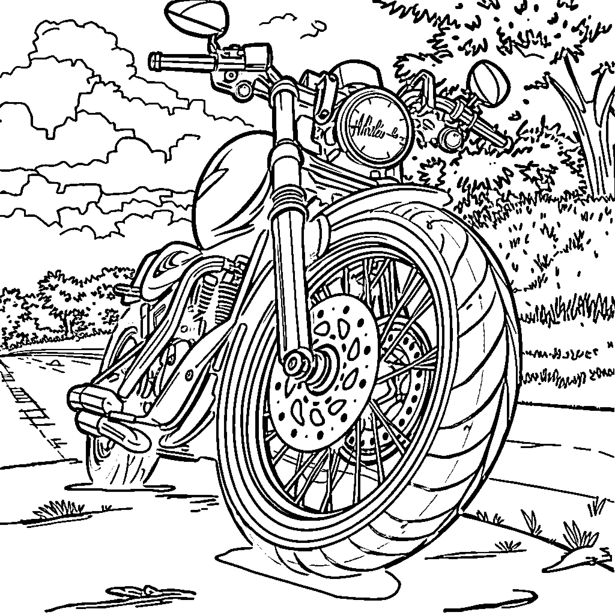 Harley motorcycle racing along the scenic road Coloring Page (free black-and-white line drawing printable PDF for all, from beginners to advanced learners, including children, teens, adults, and seniors)