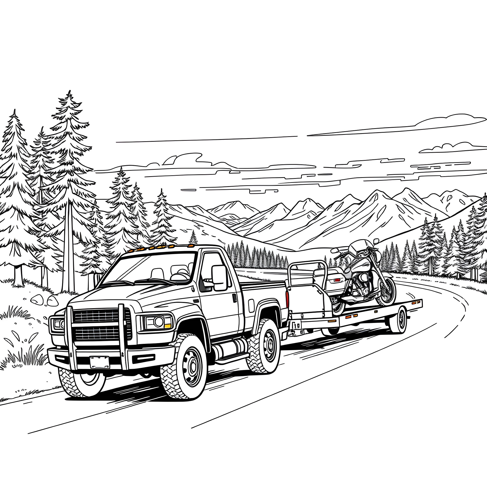 Truck towing motorcycle through mountain landscape Coloring Page (free black-and-white line drawing printable PDF for all, from beginners to advanced learners, including children, teens, adults, and seniors)