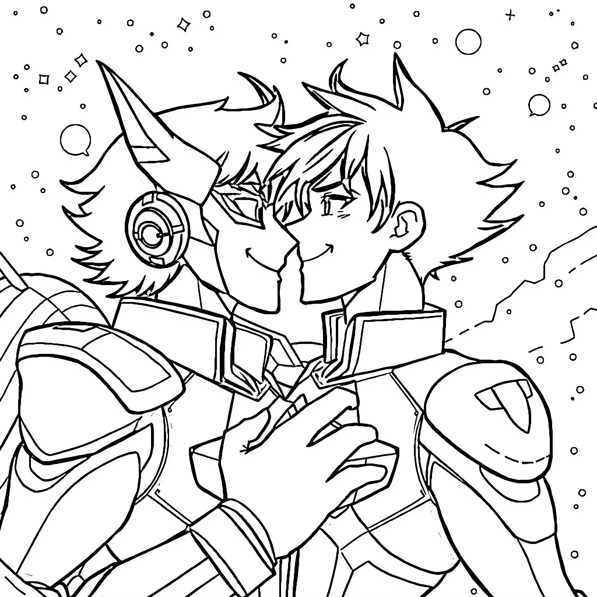 Klance - Mecha suits and close friends in space Coloring Page (free black-and-white line drawing printable PDF for all, from beginners to advanced learners, including children, teens, adults, and seniors)