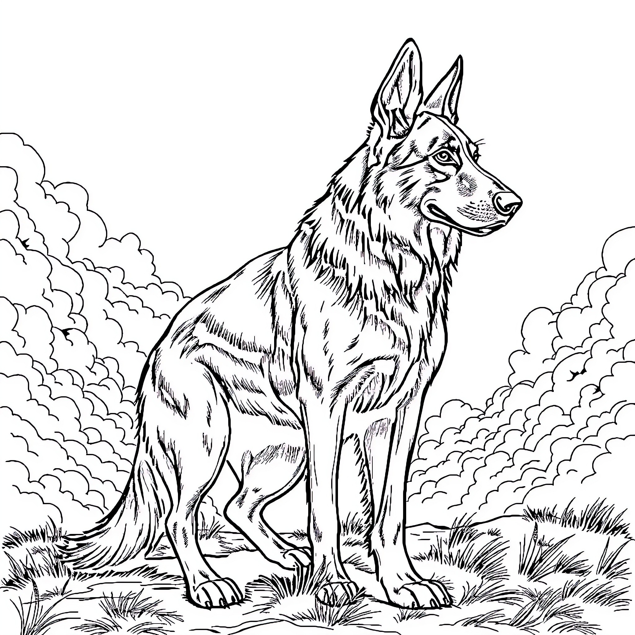 German Shepherd sitting proudly in the wilderness Coloring Page (free black-and-white line drawing printable PDF for all, from beginners to advanced learners, including children, teens, adults, and seniors)