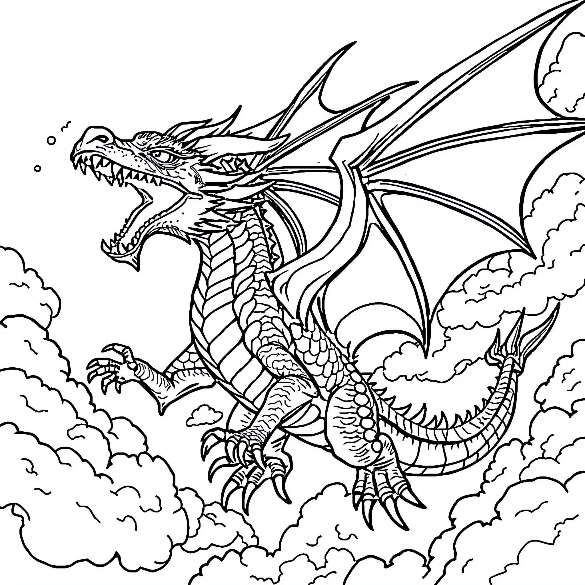 Dragon soaring through the cloudy skies Coloring Page (free black-and-white line drawing printable PDF for all, from beginners to advanced learners, including children, teens, adults, and seniors)