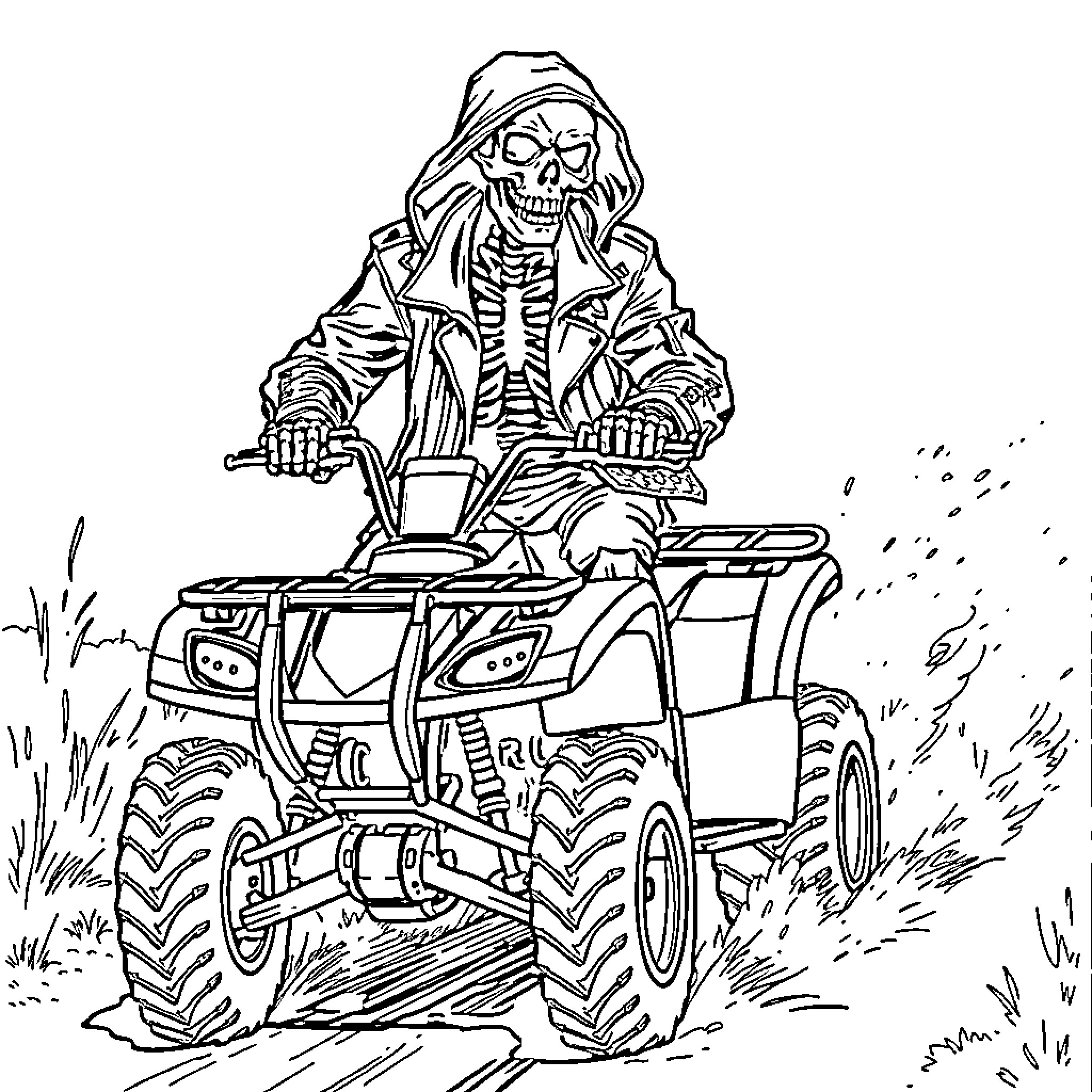 Skeleton riding a powerful ATV through the wilderness Coloring Page (free black-and-white line drawing printable PDF for all, from beginners to advanced learners, including children, teens, adults, and seniors)