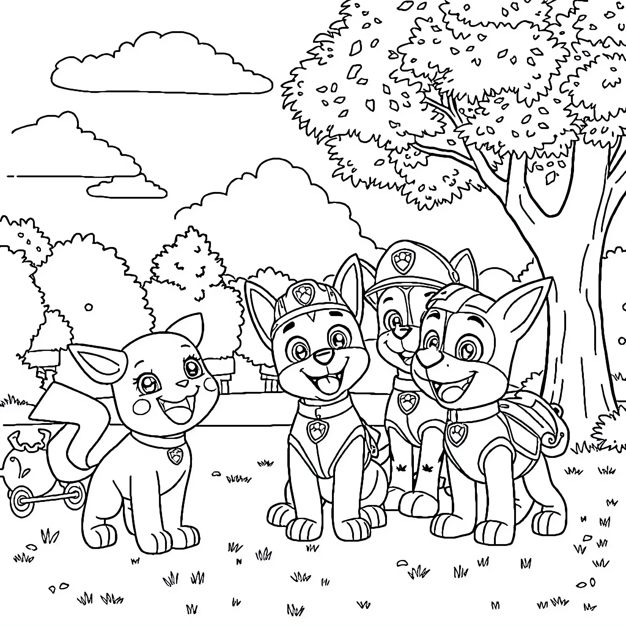 Pokémon Pups Exploring the Outdoors Coloring Page (free black-and-white line drawing printable PDF for all, from beginners to advanced learners, including children, teens, adults, and seniors)