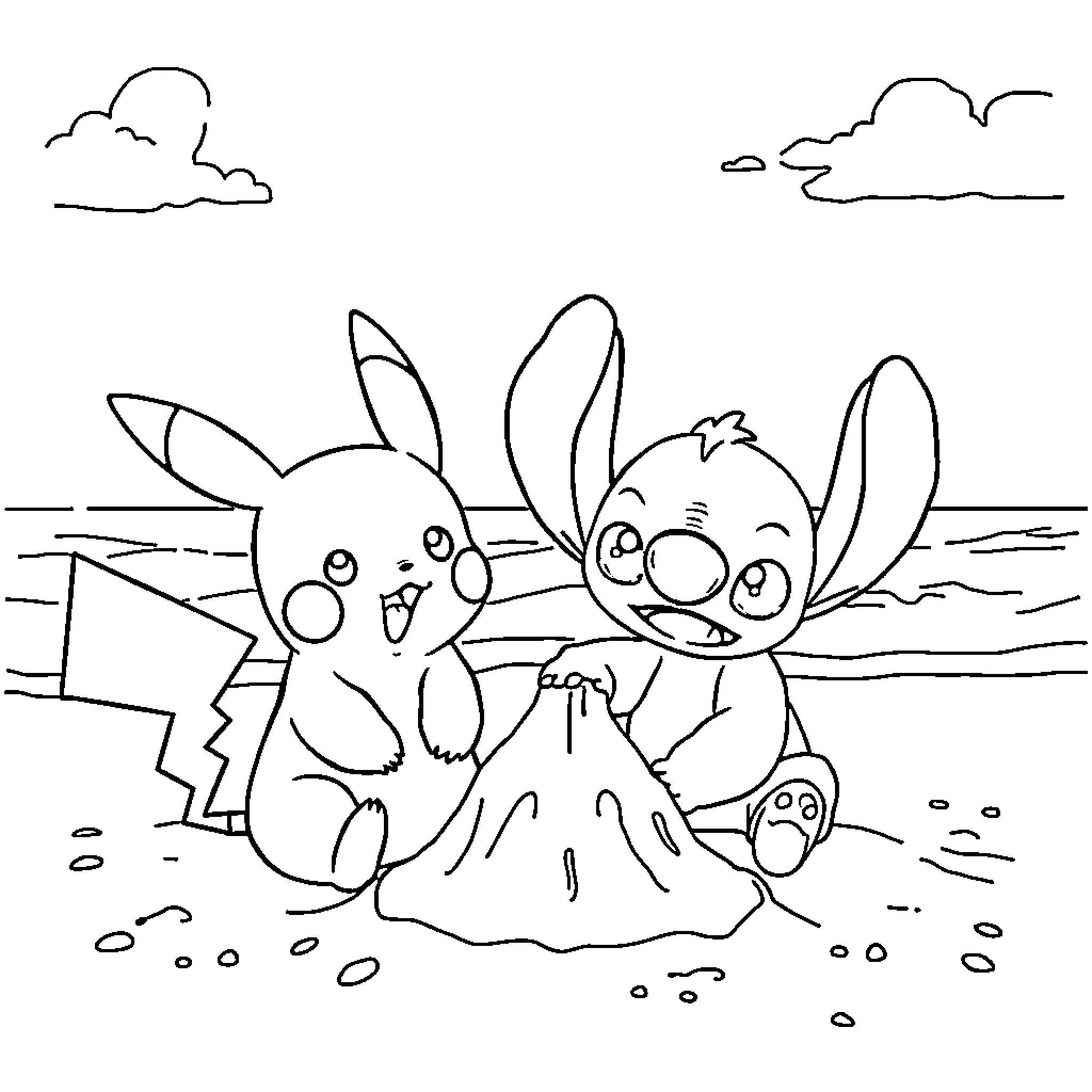 Pikachu and Stitch playing together on the beach Coloring Page (free black-and-white line drawing printable PDF for all, from beginners to advanced learners, including children, teens, adults, and seniors)