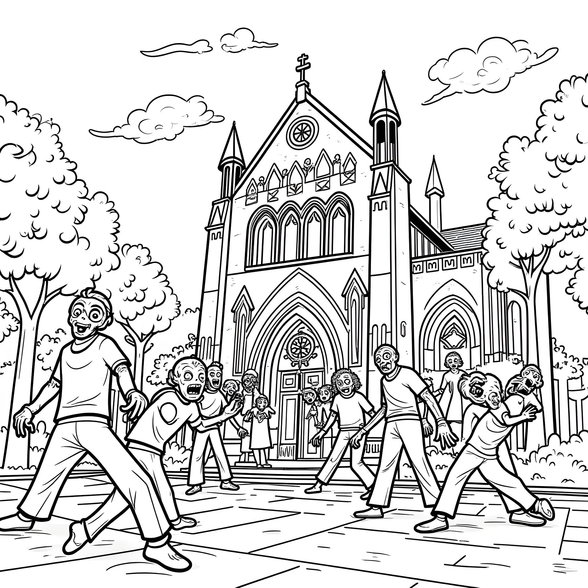 Zombie dance party outside Gothic cathedral Coloring Page (free black-and-white line drawing printable PDF for all, from beginners to advanced learners, including children, teens, adults, and seniors)