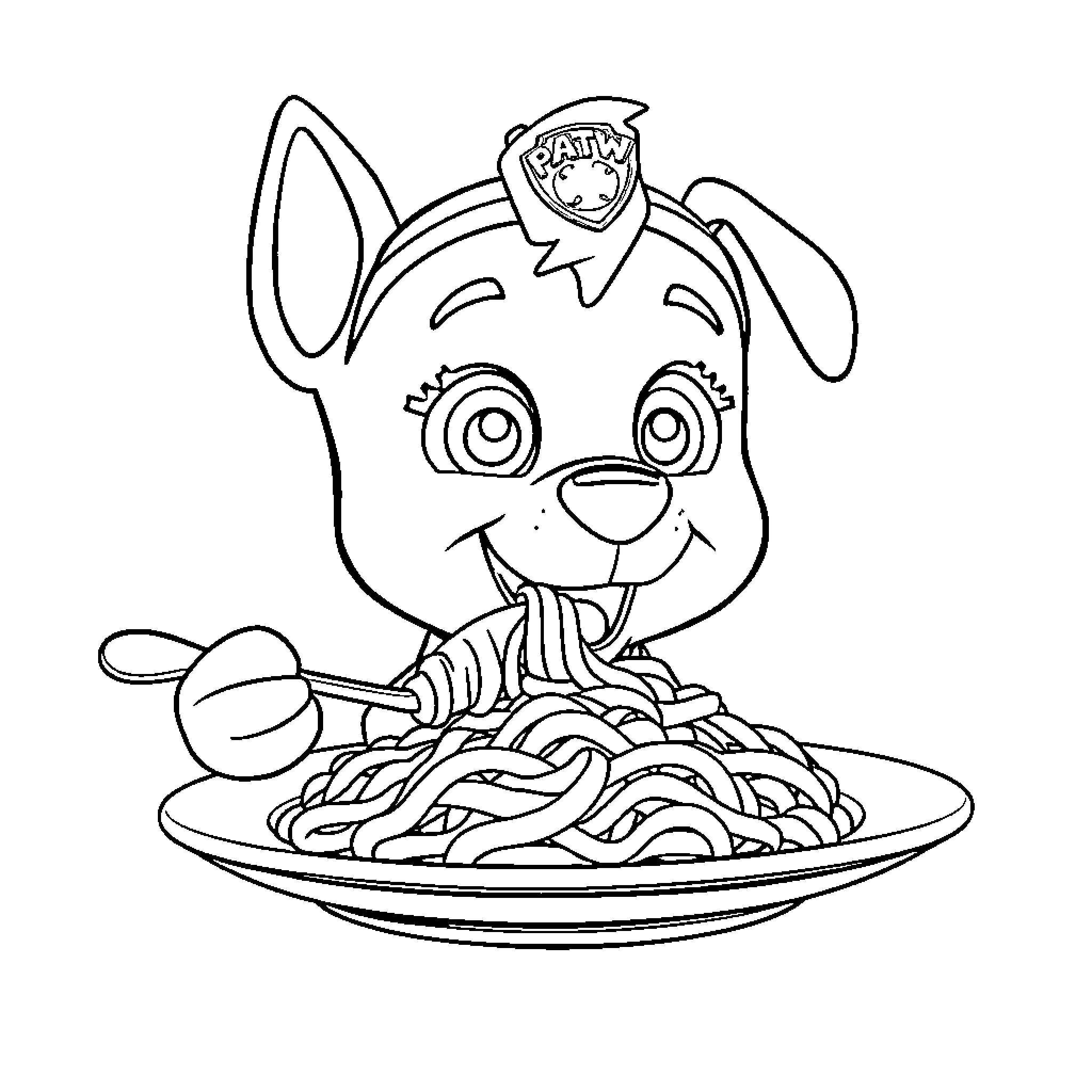 Paw Patrol Skye Eating Spaghetti Happily Coloring Page (free black-and-white line drawing printable PDF for all, from beginners to advanced learners, including children, teens, adults, and seniors)