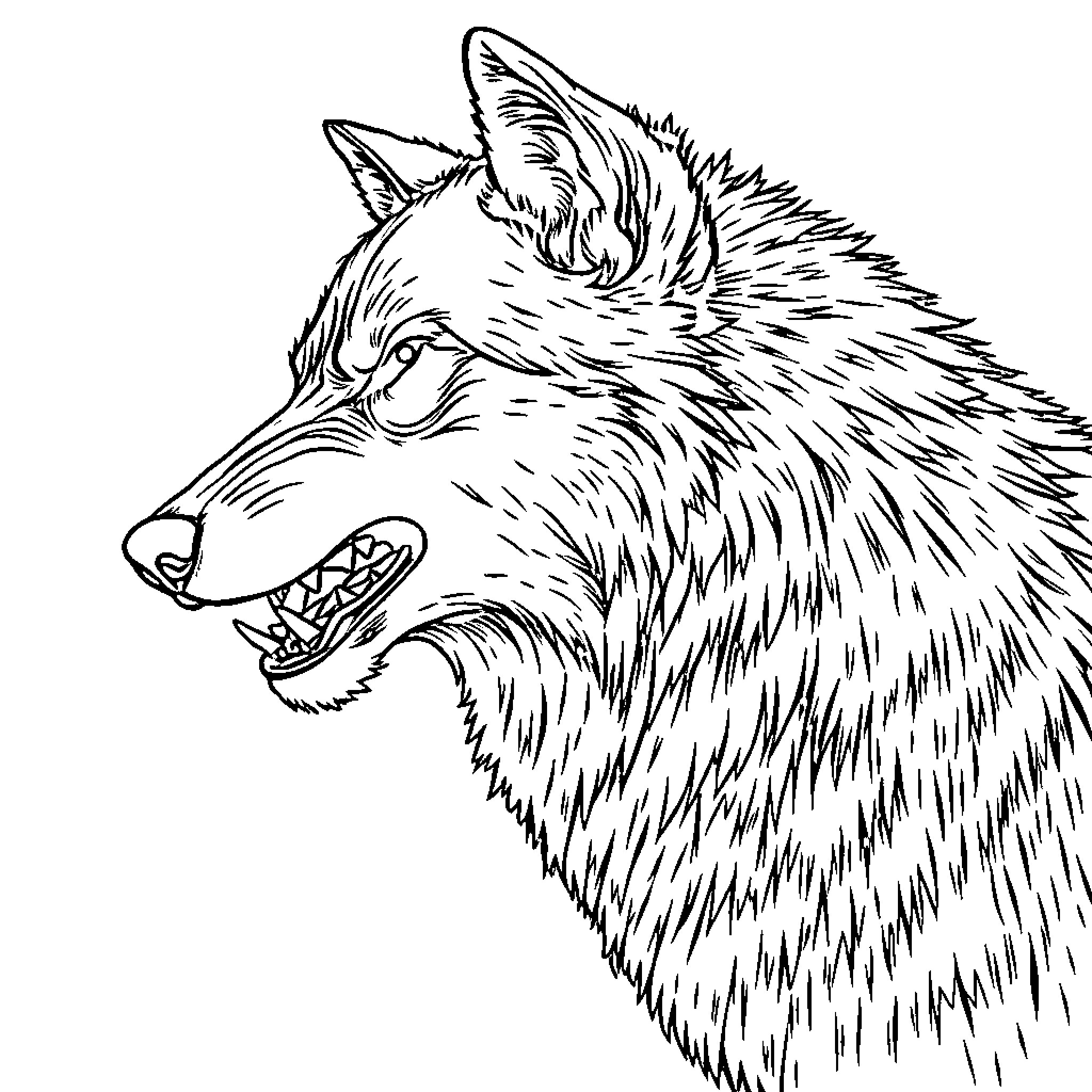 Wolf snarling fiercely with sharp teeth Coloring Page (free black-and-white line drawing printable PDF for all, from beginners to advanced learners, including children, teens, adults, and seniors)
