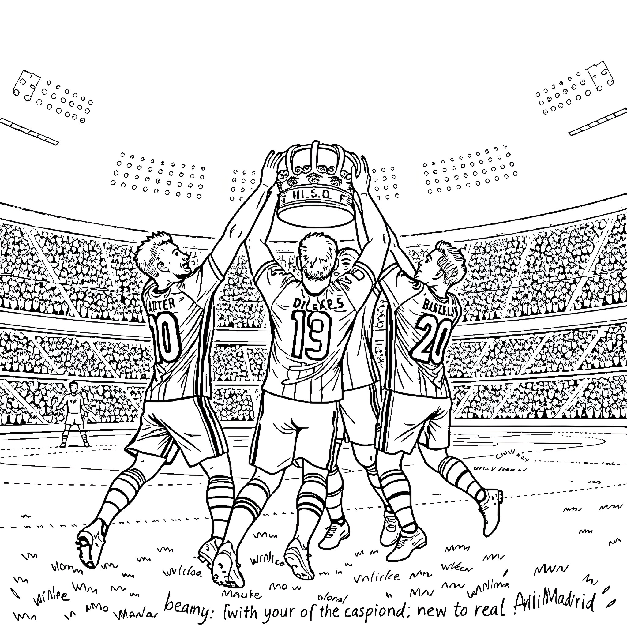 FC Barcelona players celebrating victory on the field Coloring Page (free black-and-white line drawing printable PDF for all, from beginners to advanced learners, including children, teens, adults, and seniors)