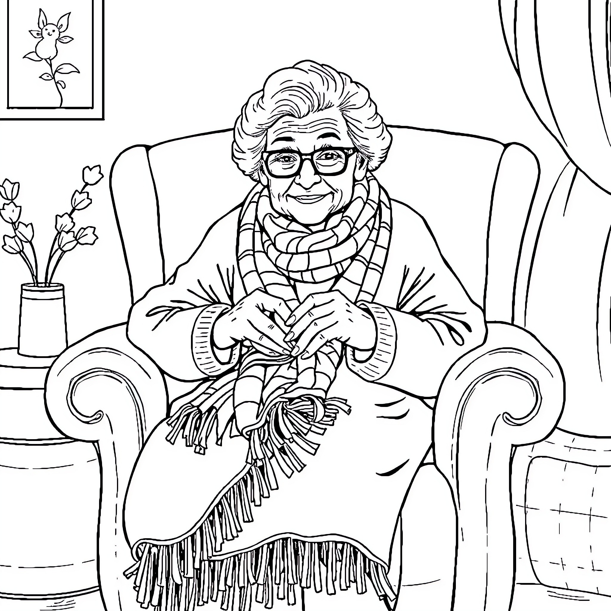 Granny Enjoying Her Knitting in the Cozy Home Coloring Page (free black-and-white line drawing printable PDF for all, from beginners to advanced learners, including children, teens, adults, and seniors)