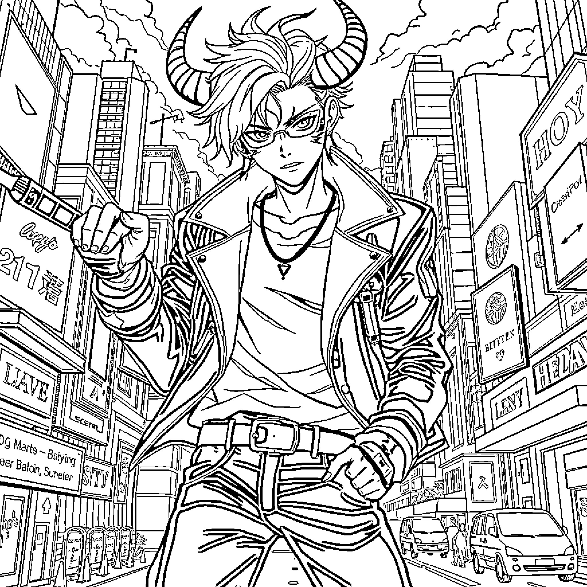 Demon Hunter in the City Chaos Coloring Page (free black-and-white line drawing printable PDF for all, from beginners to advanced learners, including children, teens, adults, and seniors)