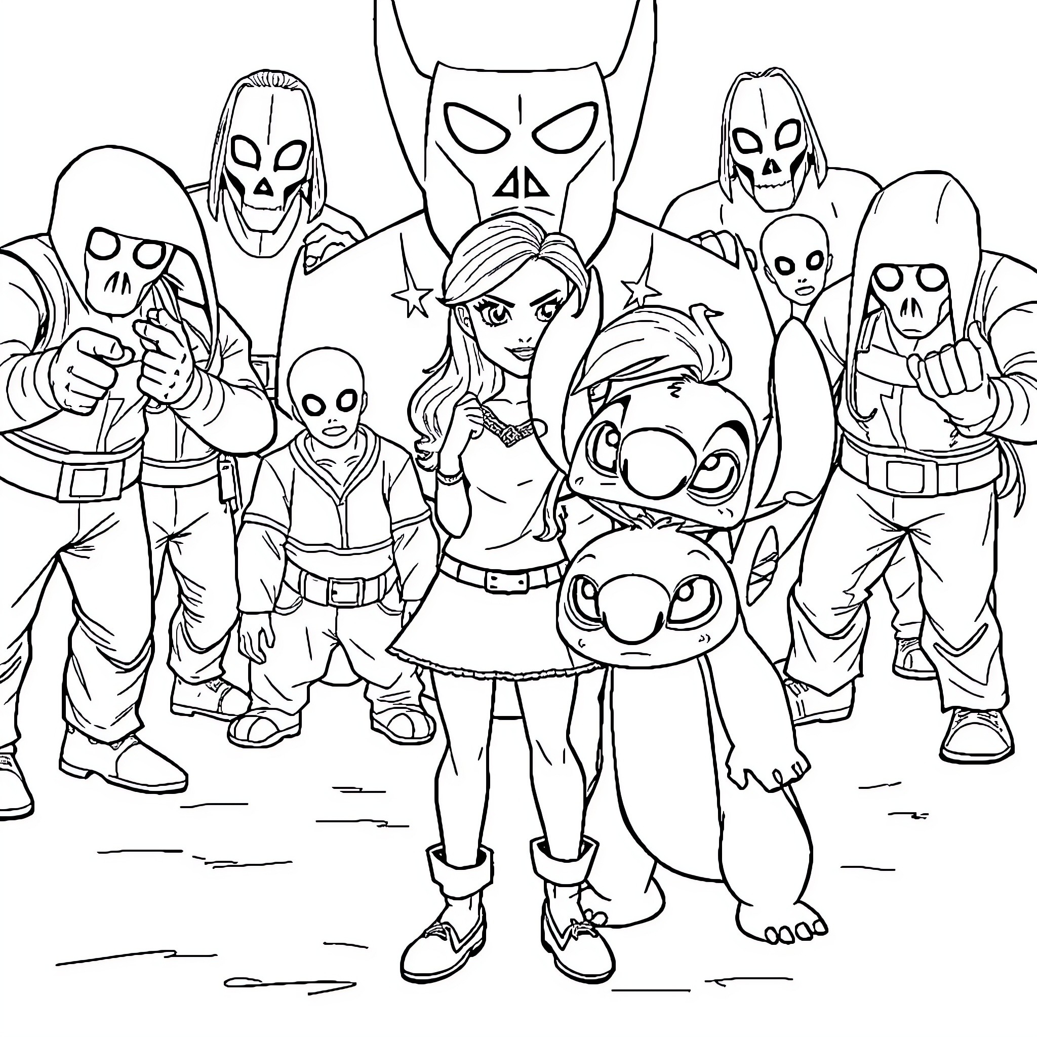 Diane's Fantastical Adventure with Unique Characters Coloring Page (free black-and-white line drawing printable PDF for all, from beginners to advanced learners, including children, teens, adults, and seniors)