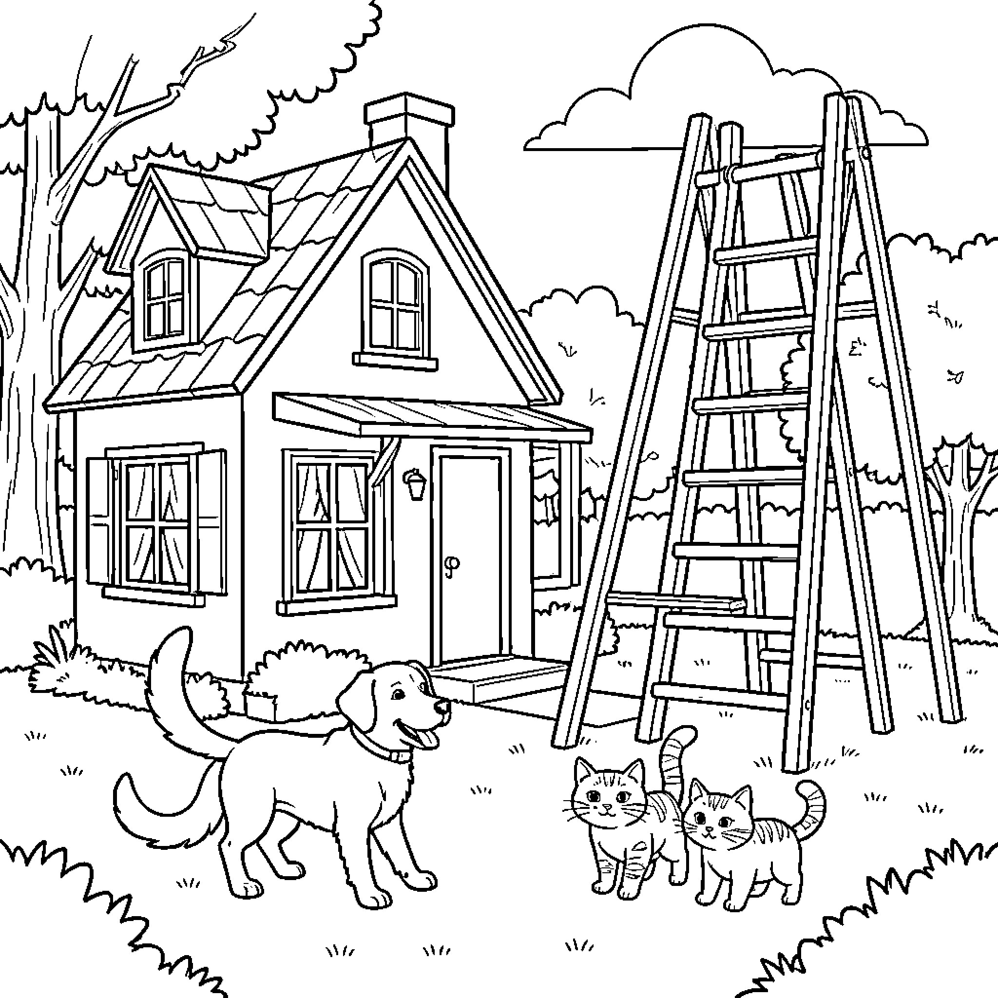 House with a dog and cats playing outside Coloring Page (free black-and-white line drawing printable PDF for all, from beginners to advanced learners, including children, teens, adults, and seniors)