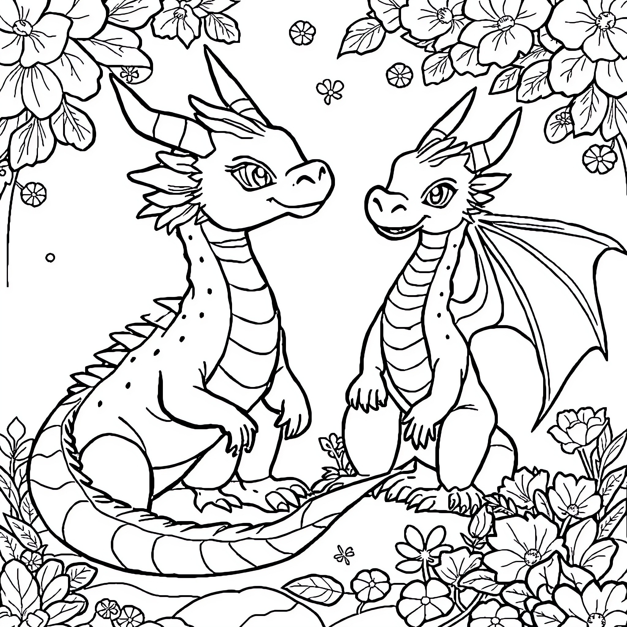 Dragon Companions in Floral Wonderland Coloring Page (free black-and-white line drawing printable PDF for all, from beginners to advanced learners, including children, teens, adults, and seniors)