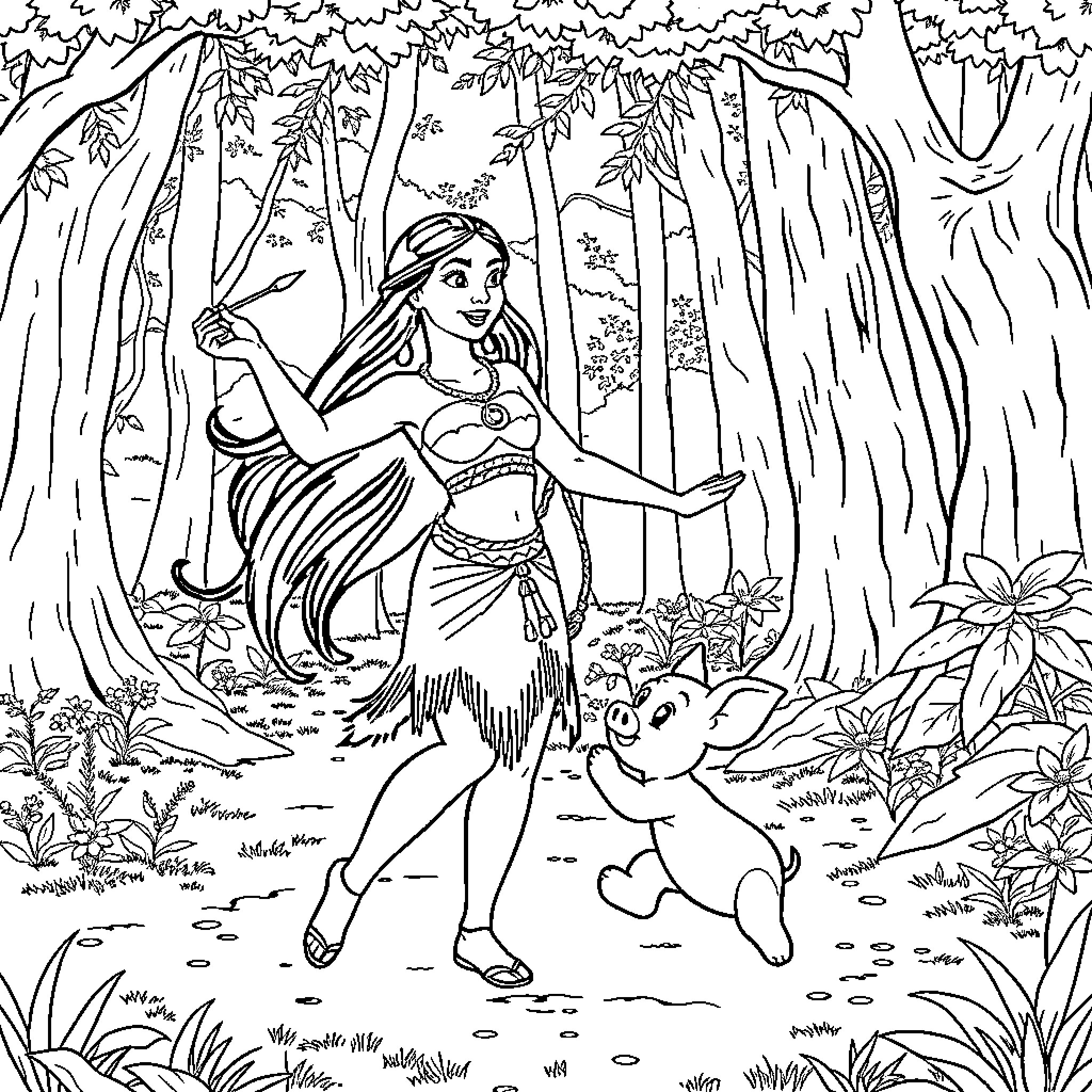 Pocahontas Dancing in the Forest with Animal Friend Coloring Page (free black-and-white line drawing printable PDF for all, from beginners to advanced learners, including children, teens, adults, and seniors)