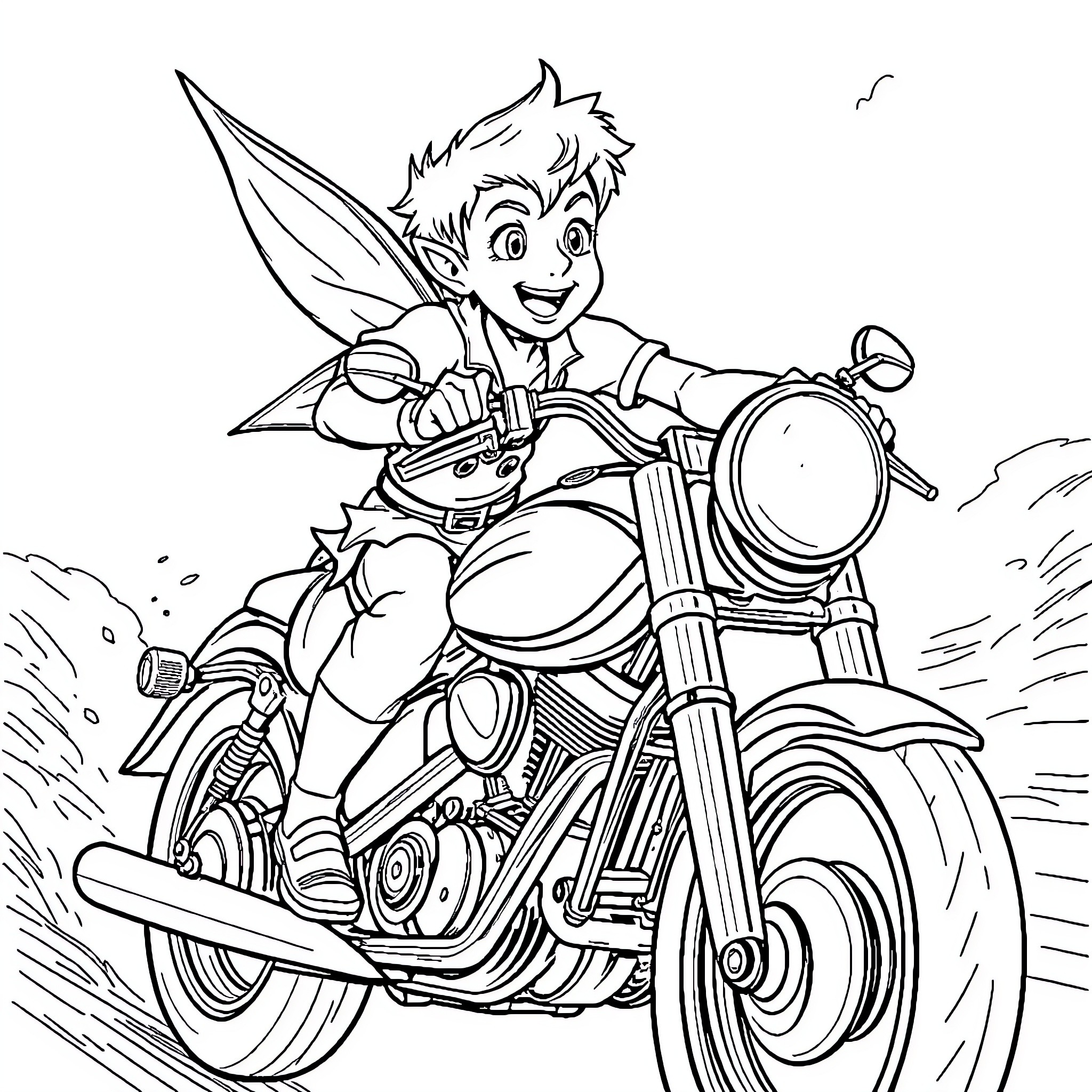 Peter Pan riding a motorcycle through the sky Coloring Page (free black-and-white line drawing printable PDF for all, from beginners to advanced learners, including children, teens, adults, and seniors)