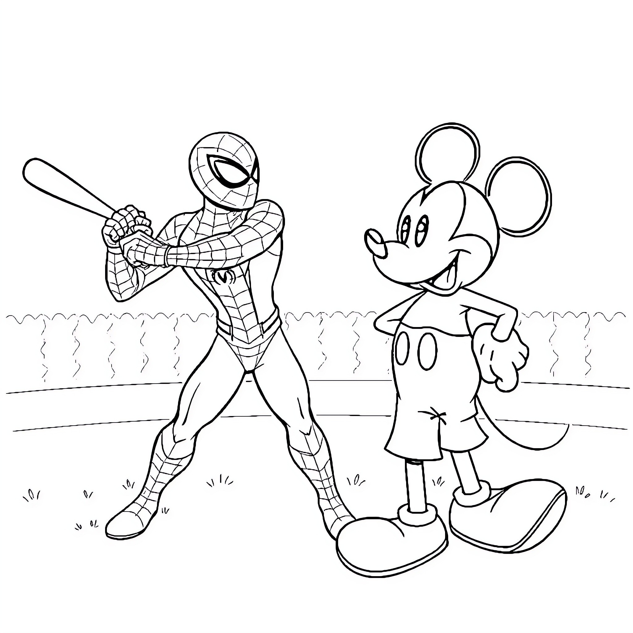 Spiderman confronting cartoon character Coloring Page (free black-and-white line drawing printable PDF for all, from beginners to advanced learners, including children, teens, adults, and seniors)